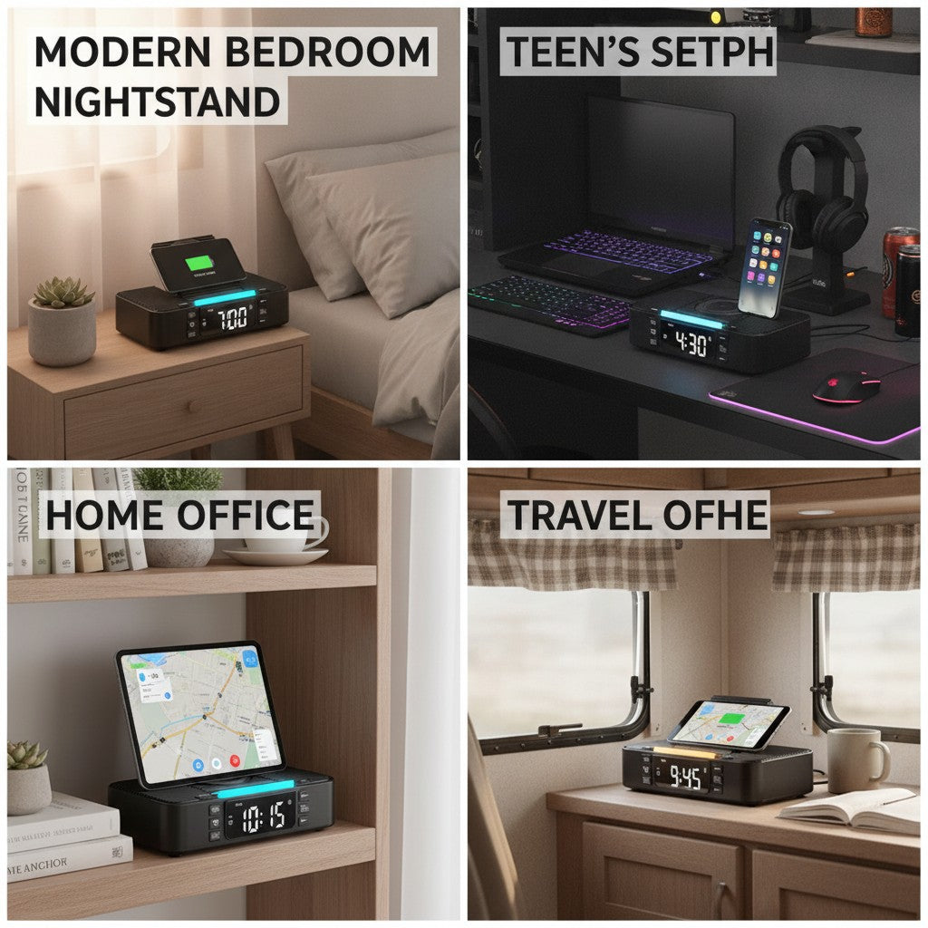 Bedside Charging Station Clock, Wireless Charger with Speaker, FM & Night Light benefits