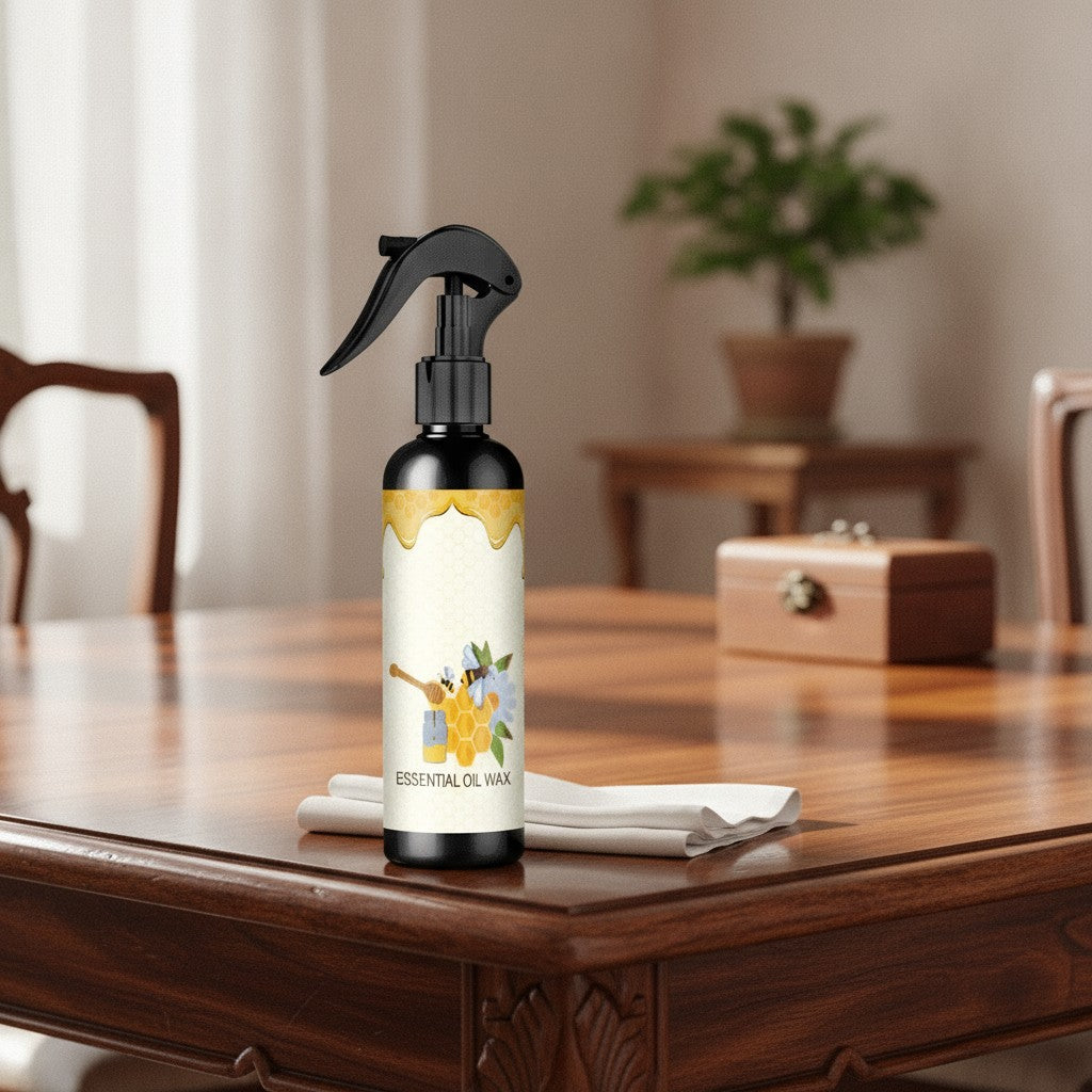beeswax polish spray in use, lifestyle scene