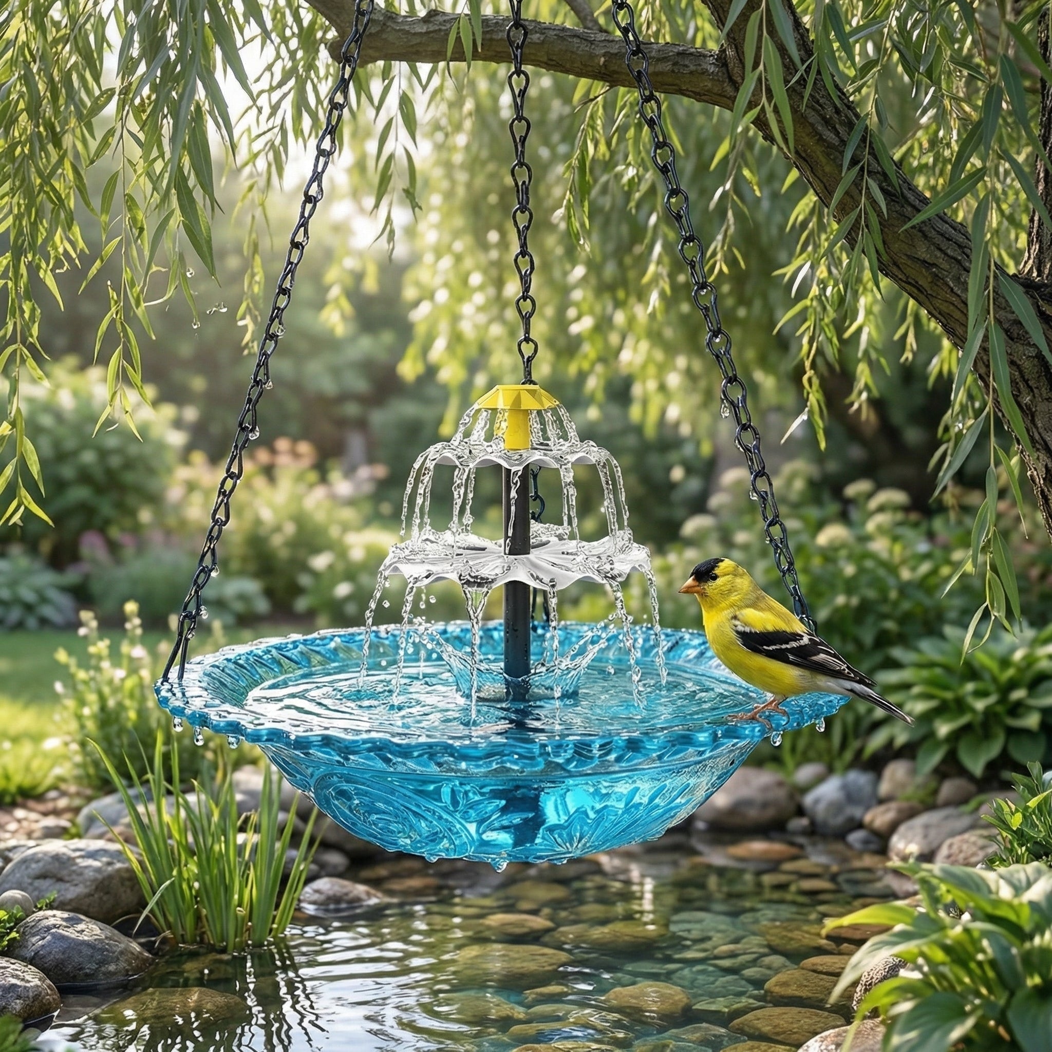 Bird Bath with Fountain Hanging Two-Tier Blue Glass Garden Decor - Image 1