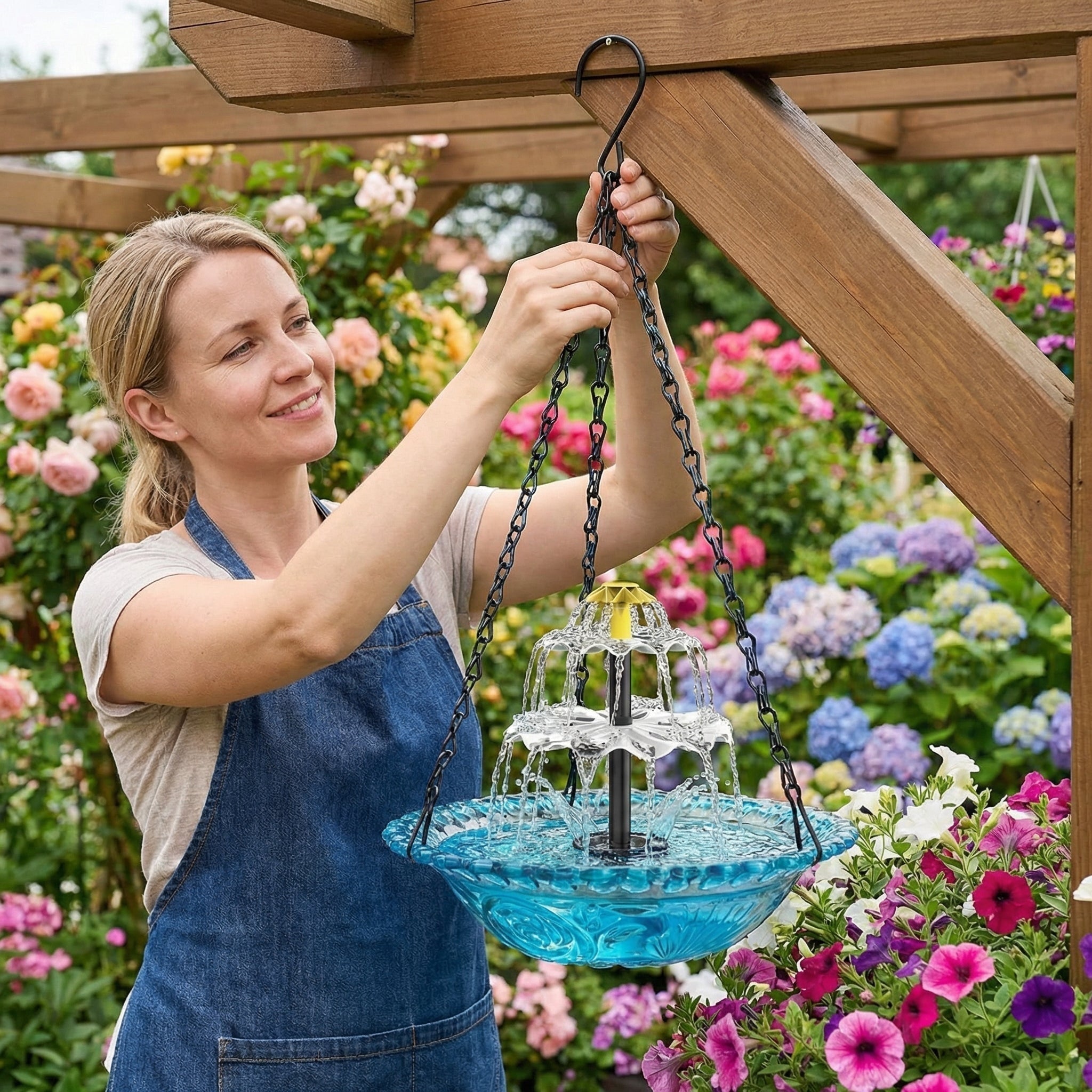 Bird Bath with Fountain Hanging Two-Tier Blue Glass Garden Decor - Image 2