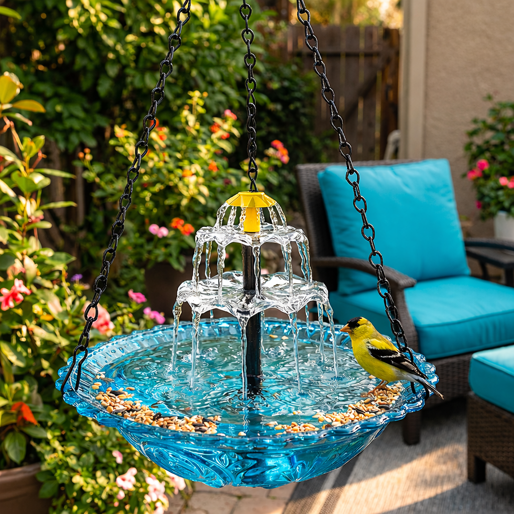 Bird Bath with Fountain Hanging Two-Tier Blue Glass Garden Decor - Image 7