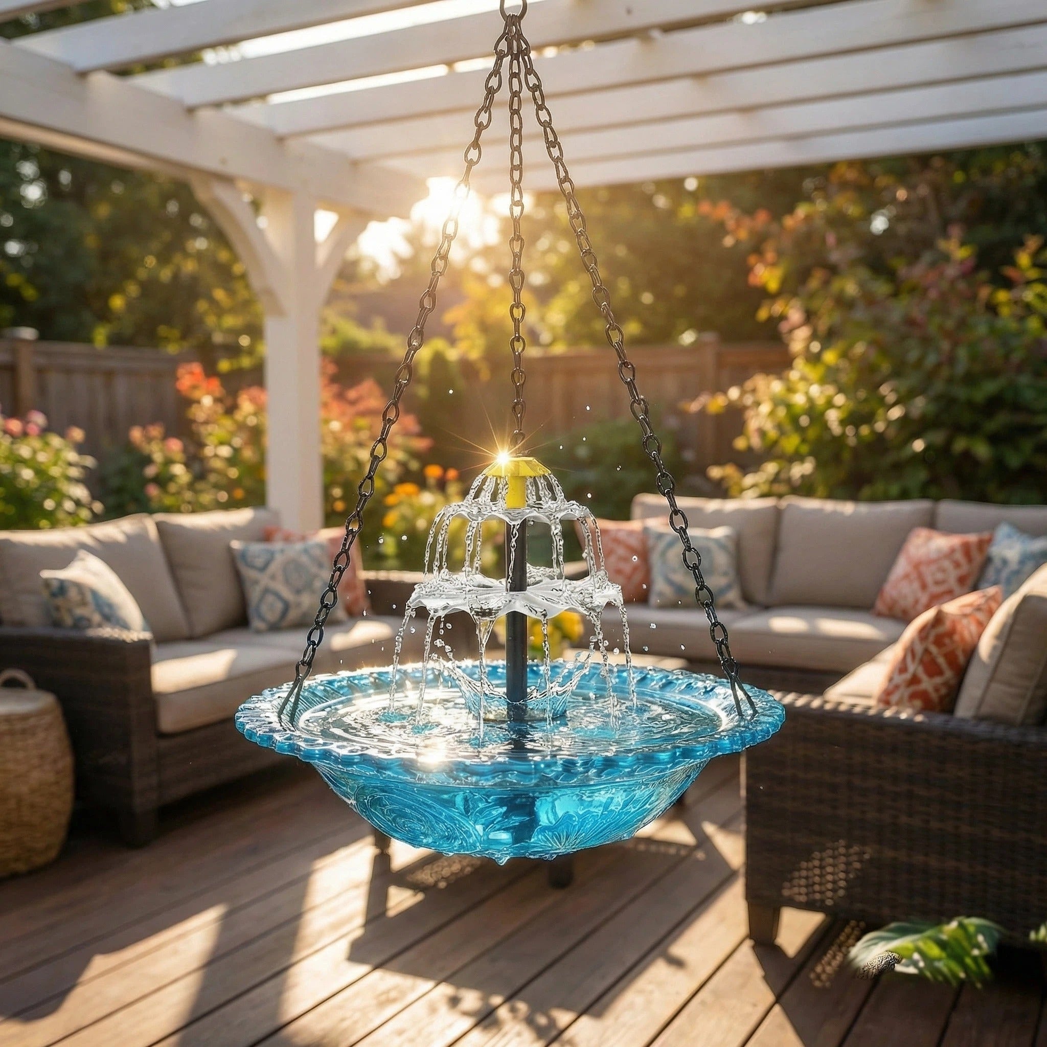 Bird Bath with Fountain Hanging Two-Tier Blue Glass Garden Decor - Image 8