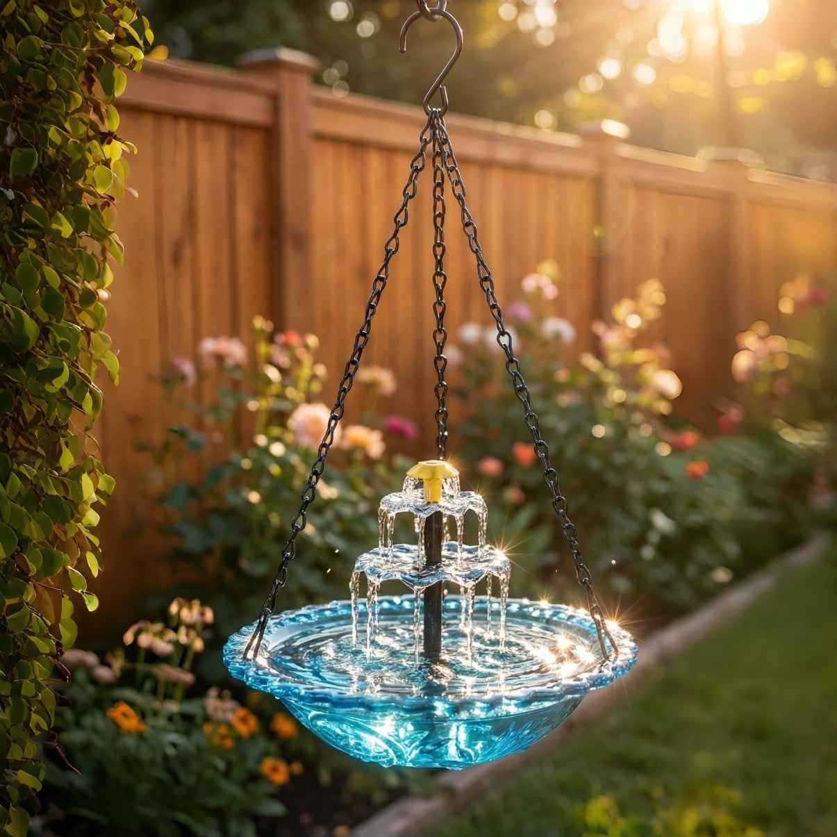 Bird Bath with Fountain Hanging Two-Tier Blue Glass Garden Decor - Image 9