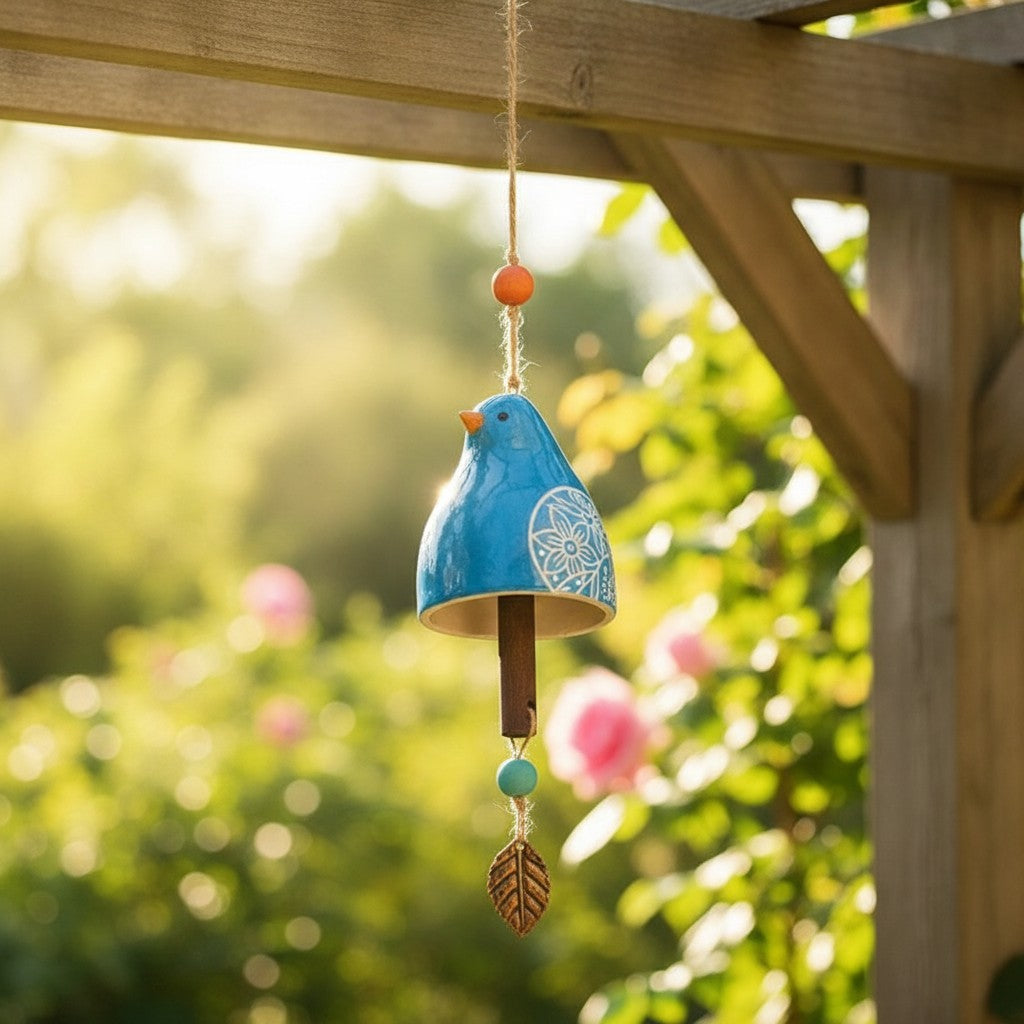 bird bell wind chime in use, lifestyle scene