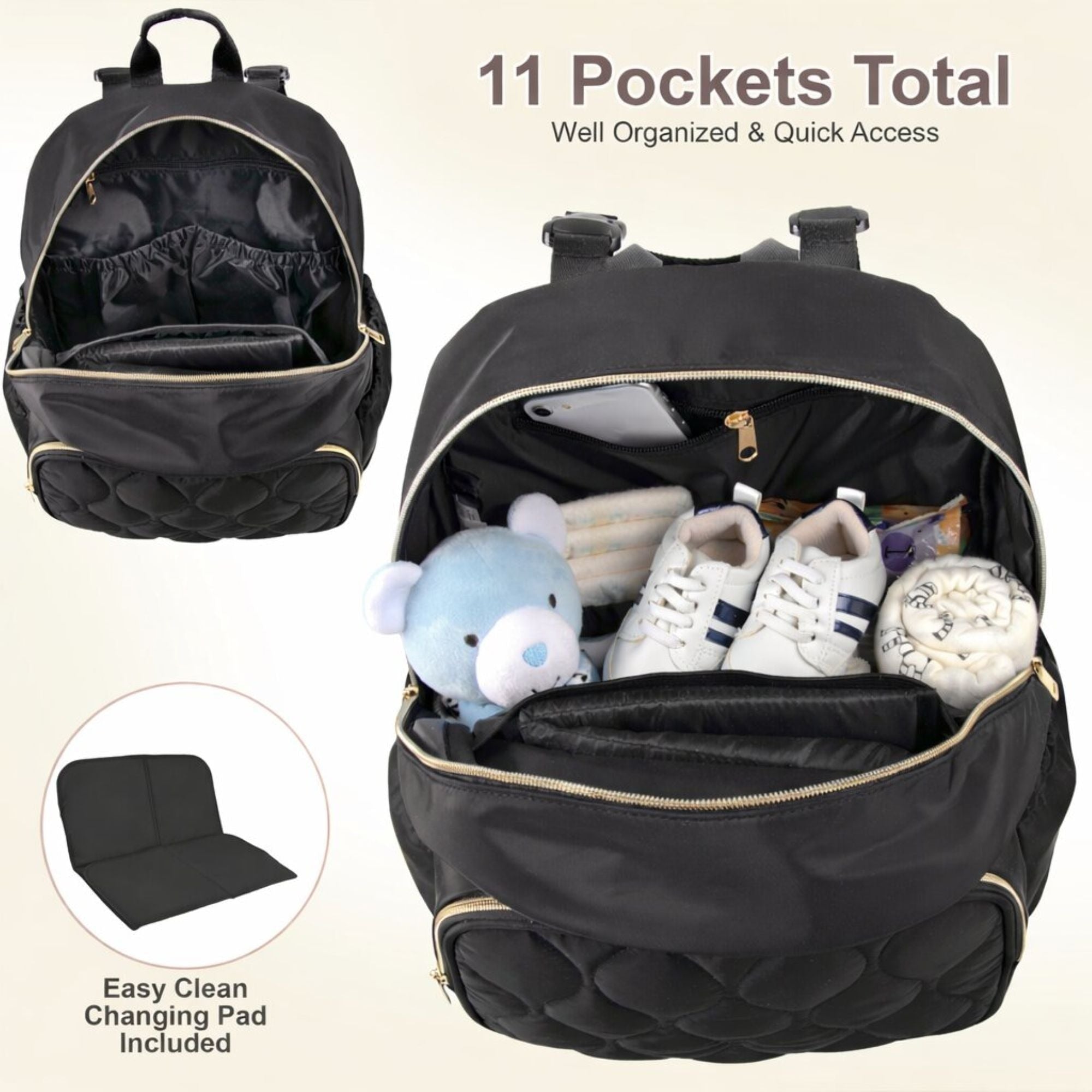 Black Backpack Diaper Bag Baby Essentials Quilted Changing Pad - Image 5