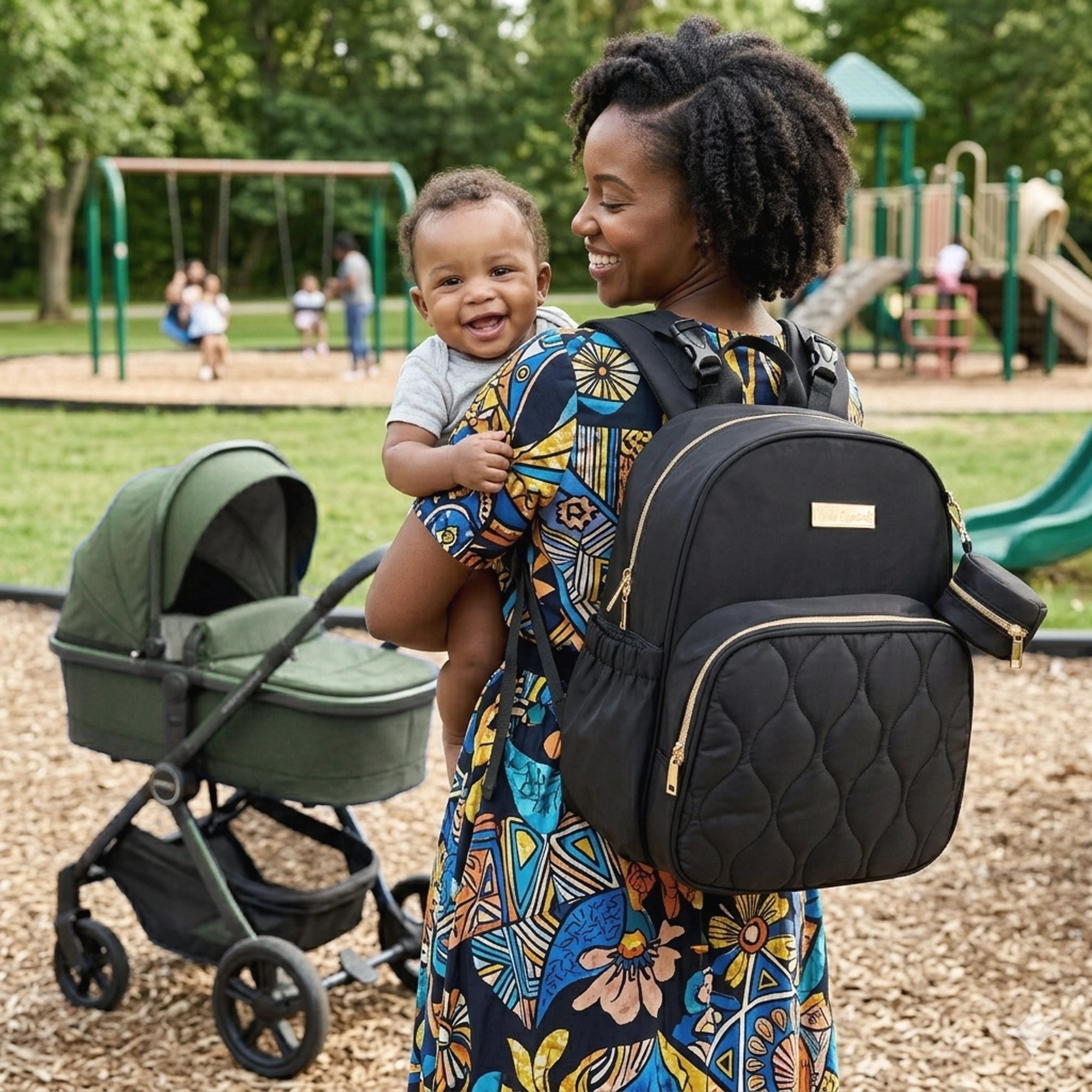 Black Backpack Diaper Bag Baby Essentials Quilted Changing Pad - Image 8