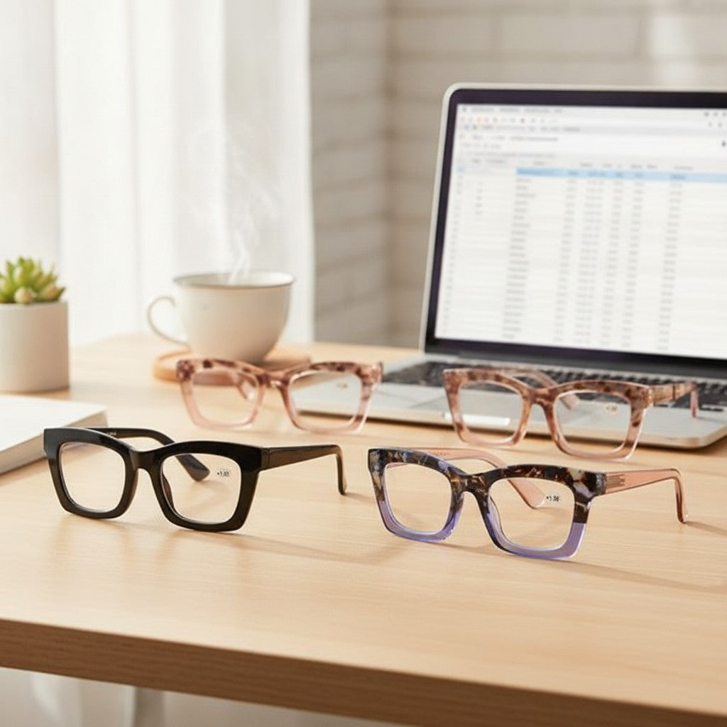 blue light reading glasses in use, lifestyle scene