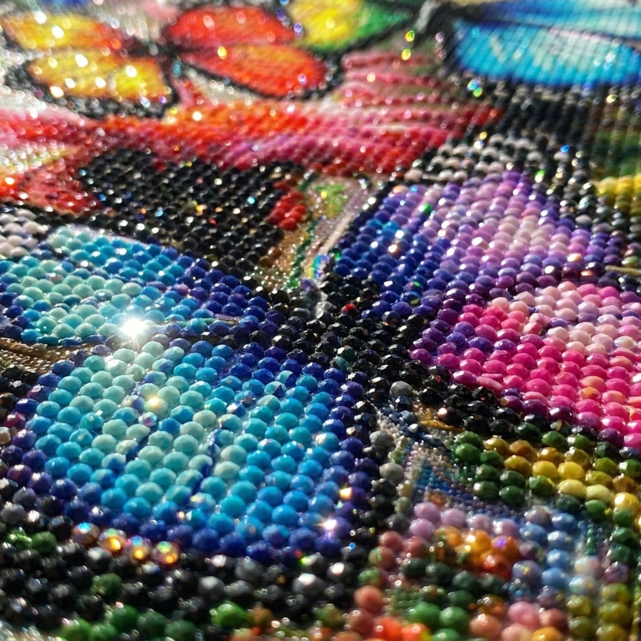 Close-up of finished butterfly diamond painting showing sparkling round AB diamonds