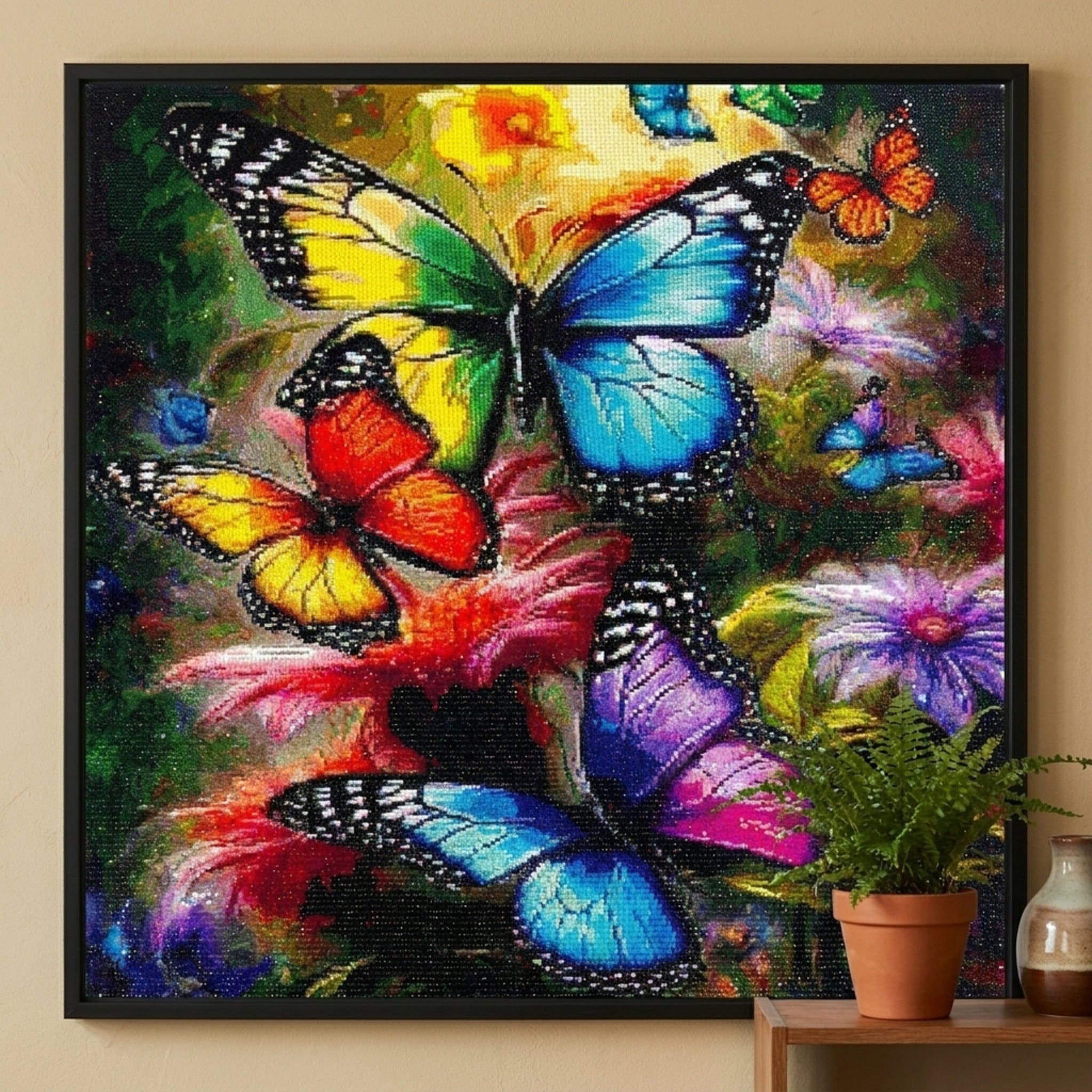 Butterfly diamond painting framed on a living room wall