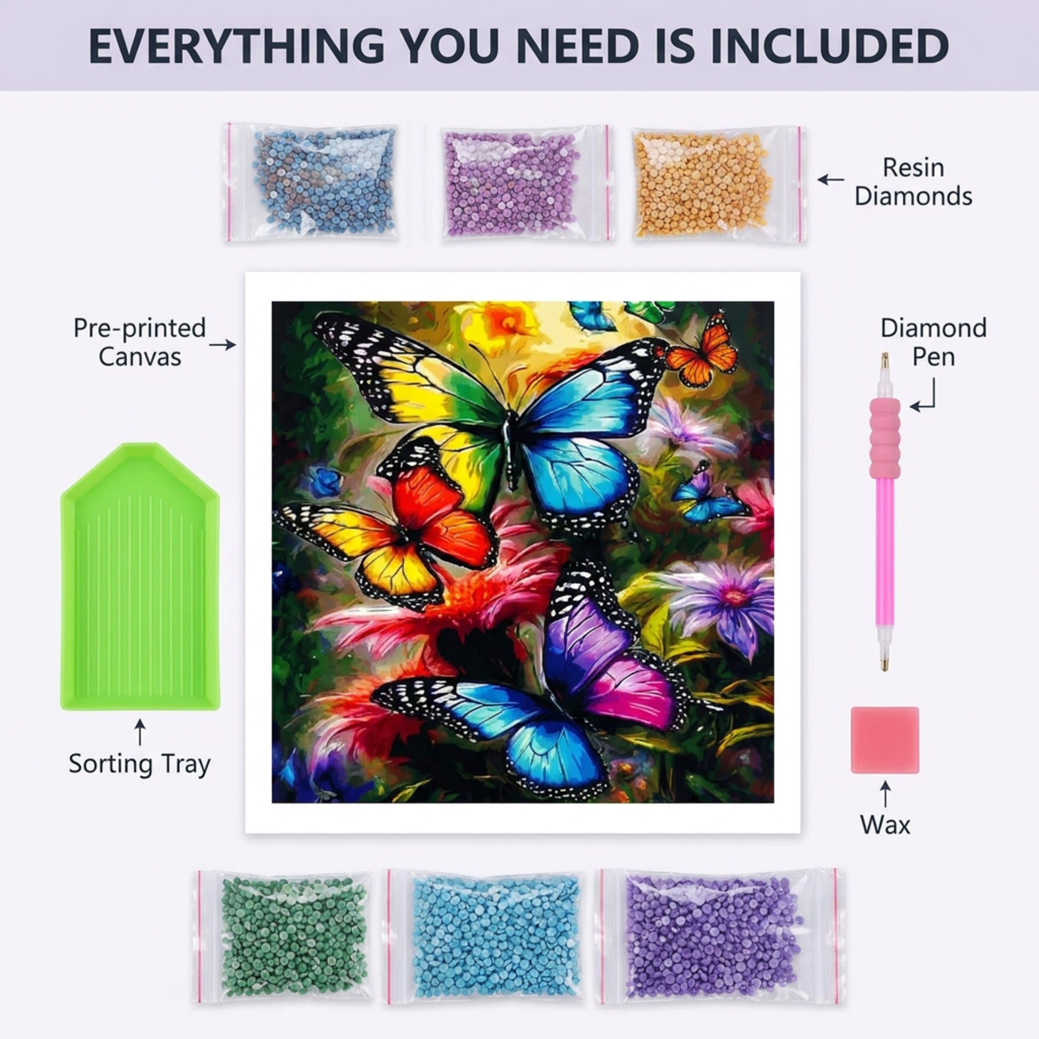 Everything included - canvas, round diamonds, applicator pen, wax, sorting tray
