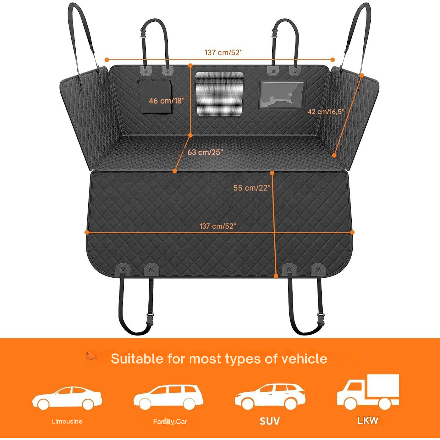 Car Seat Cover Dog Back Seat Cover Quilted Hammock Black Tan Accents - Image 6