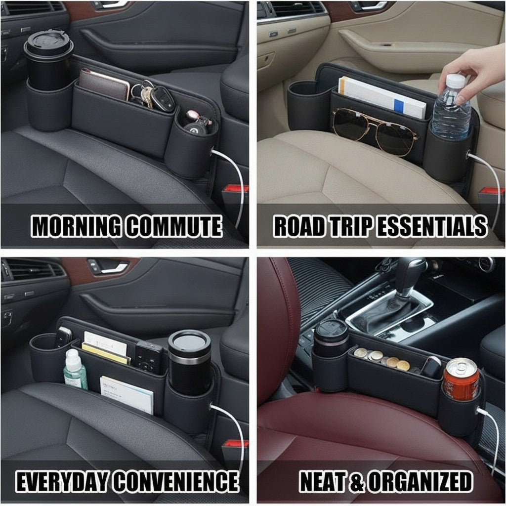 car seat gap organizer shown in multiple settings