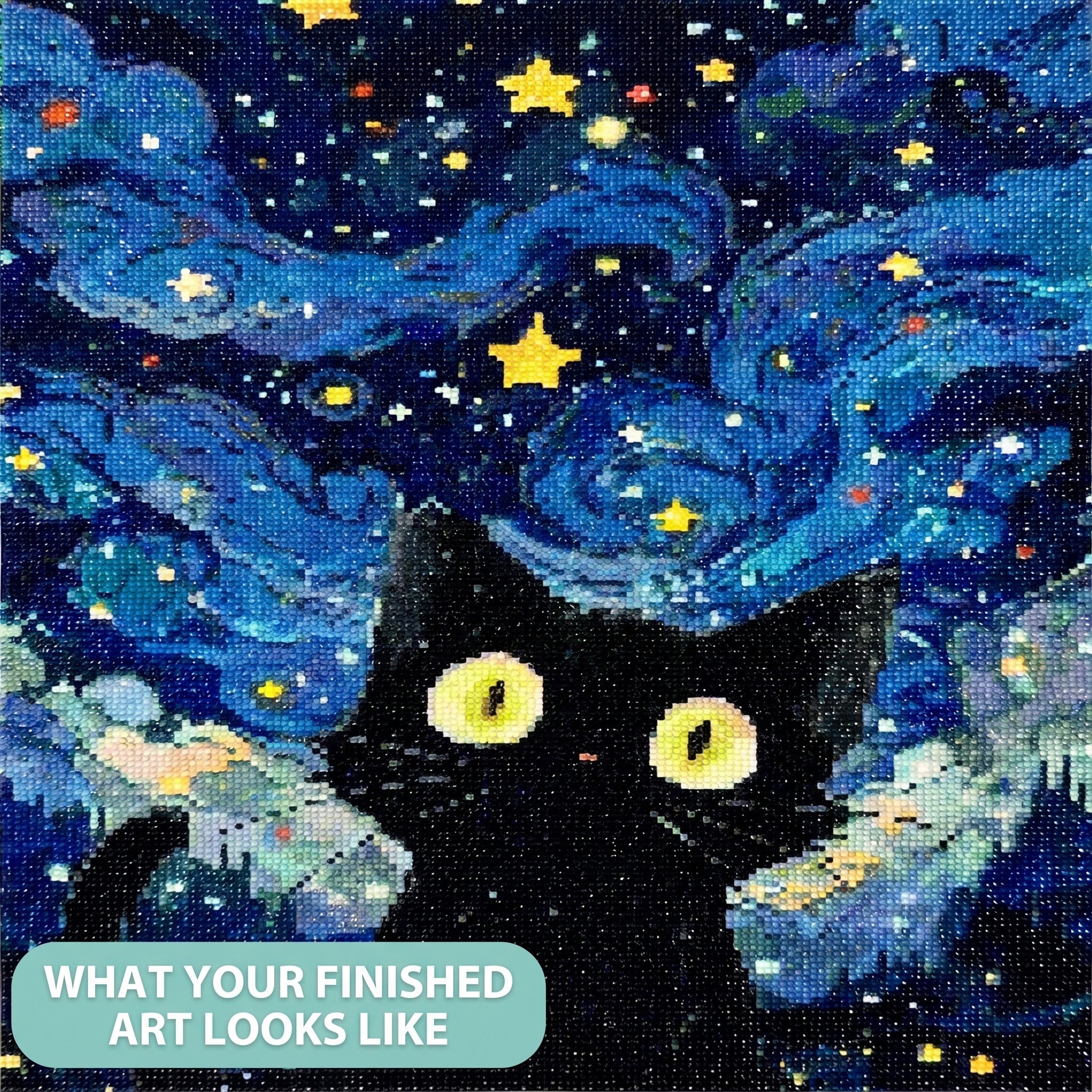 Finished cat diamond painting made with round diamonds