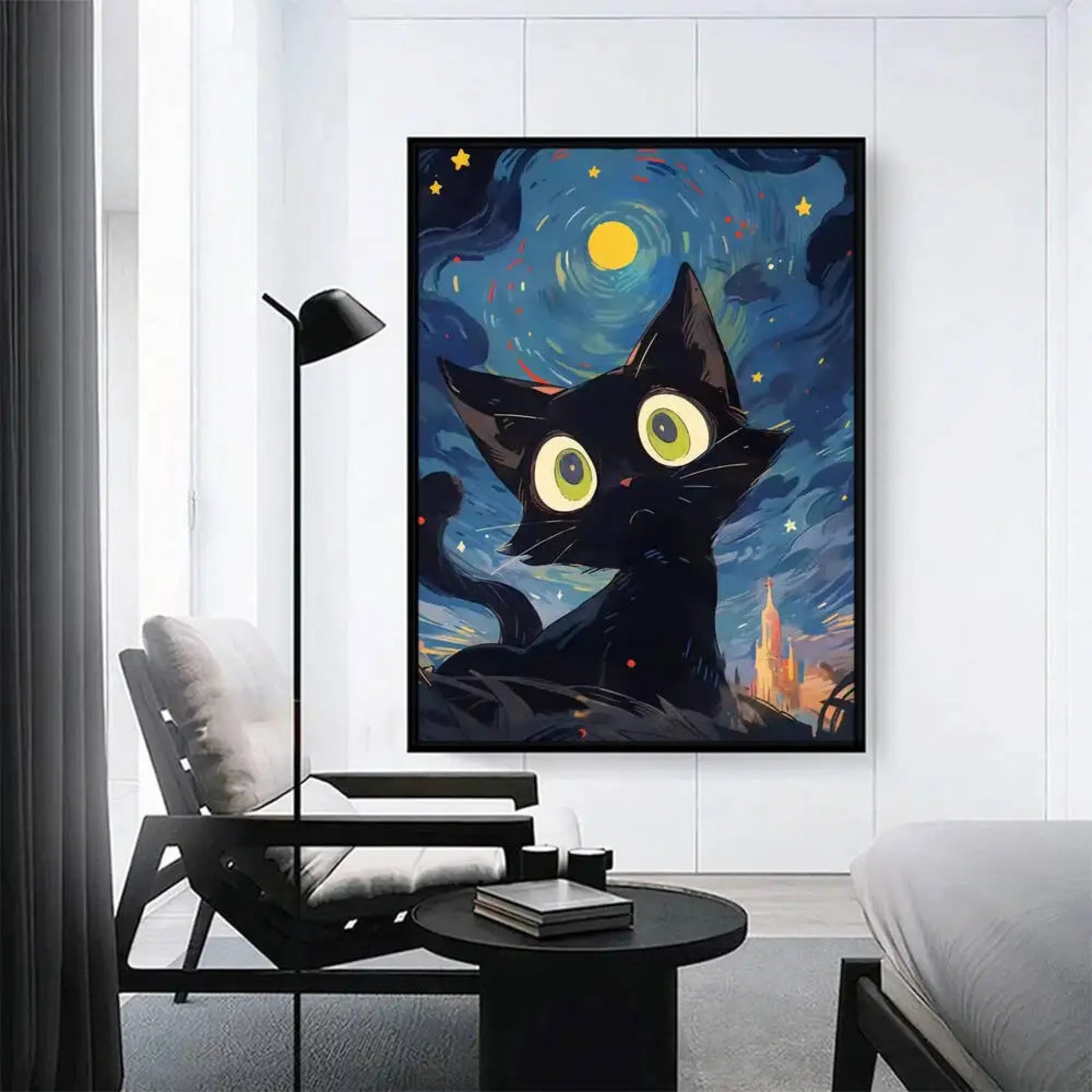 Cat diamond painting framed on a living room wall