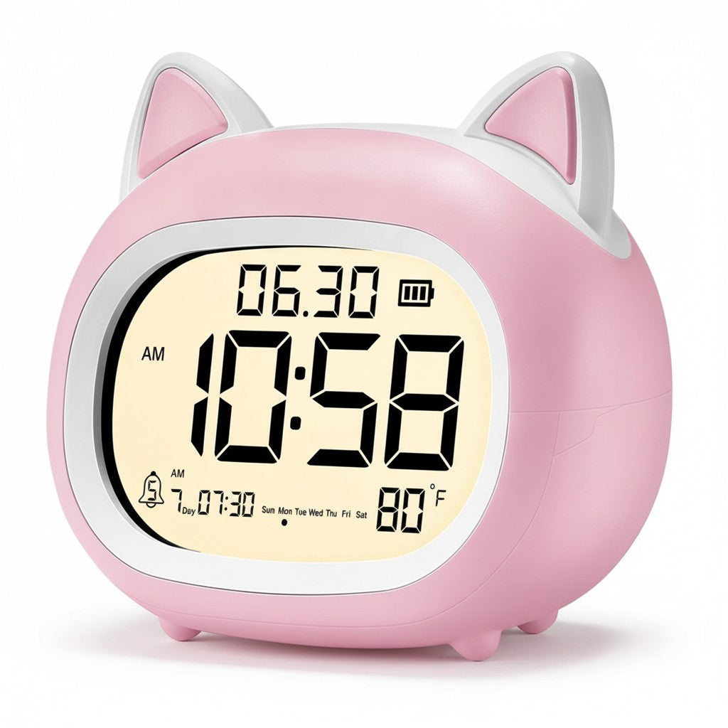 cat kids alarm clock product photo on white background