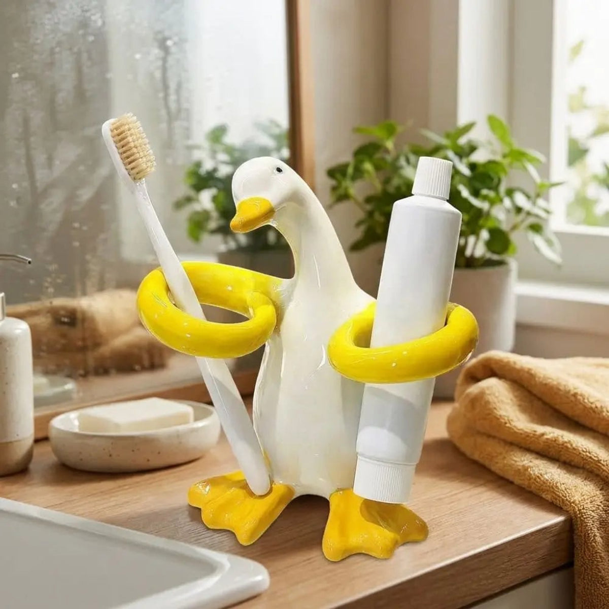 Ceramic Duck Toothbrush Holder With Elevated Rings For Hygienic Organization - Image 3