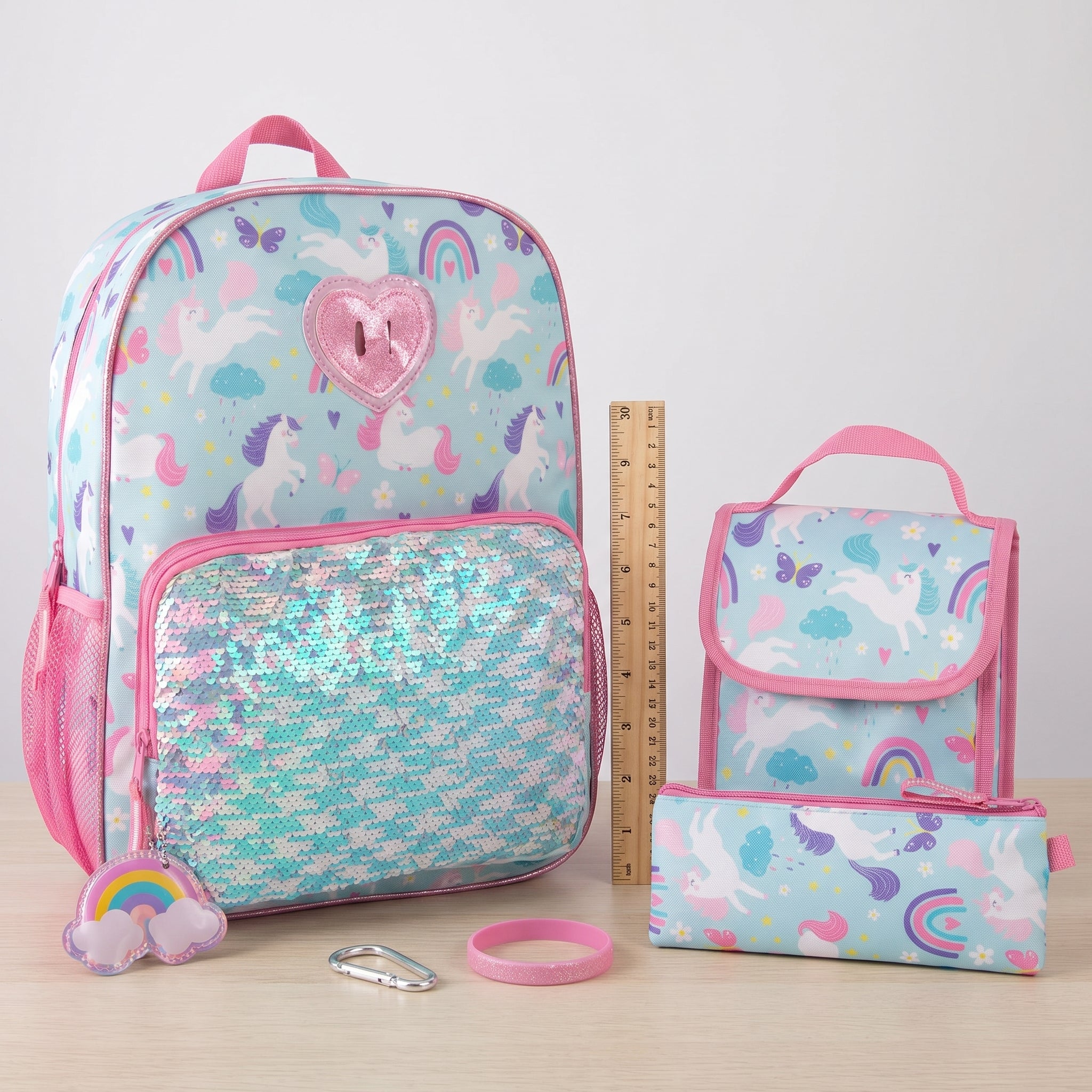 Childrens Backpack Girls Unicorn Sequin 6-Piece Set - scale