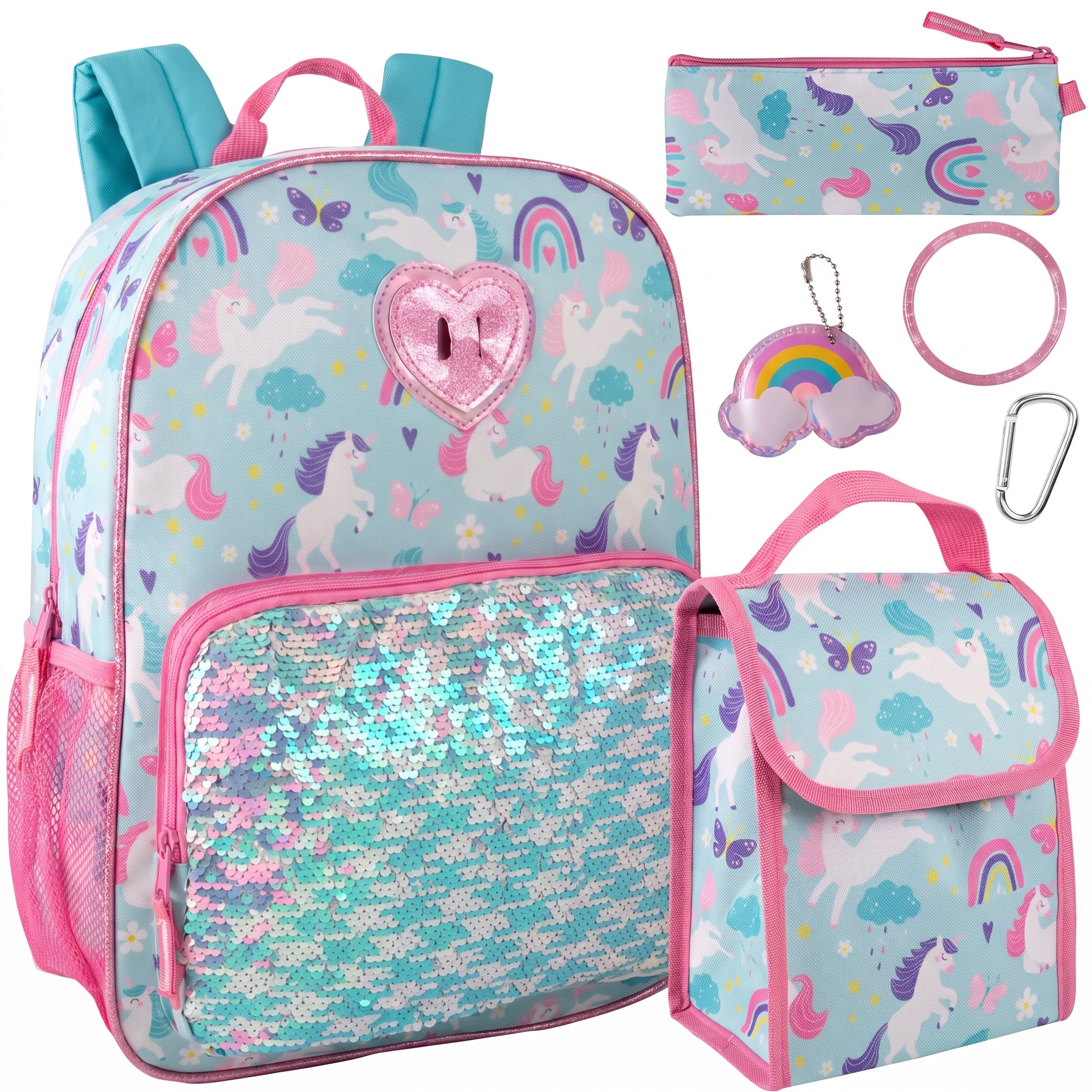 Childrens Backpack Girls Unicorn Sequin 6-Piece Set - studio