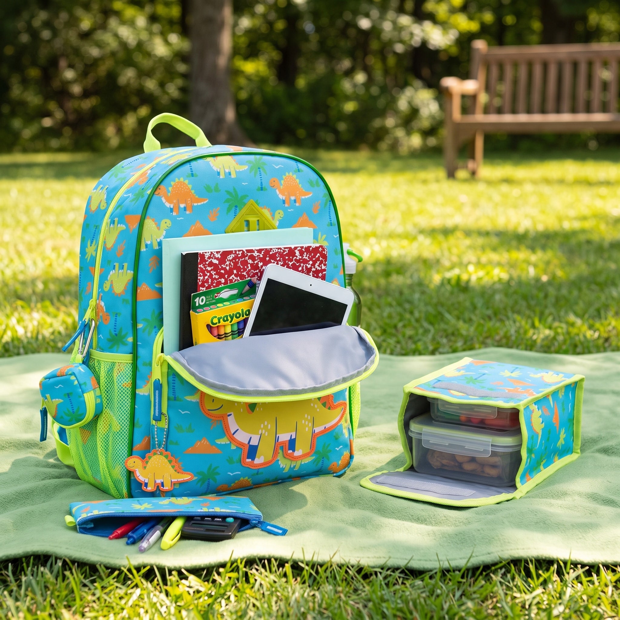 Lunch Bag Insulated Childrens Dinosaur Backpack Set Blue Green Trim - hero