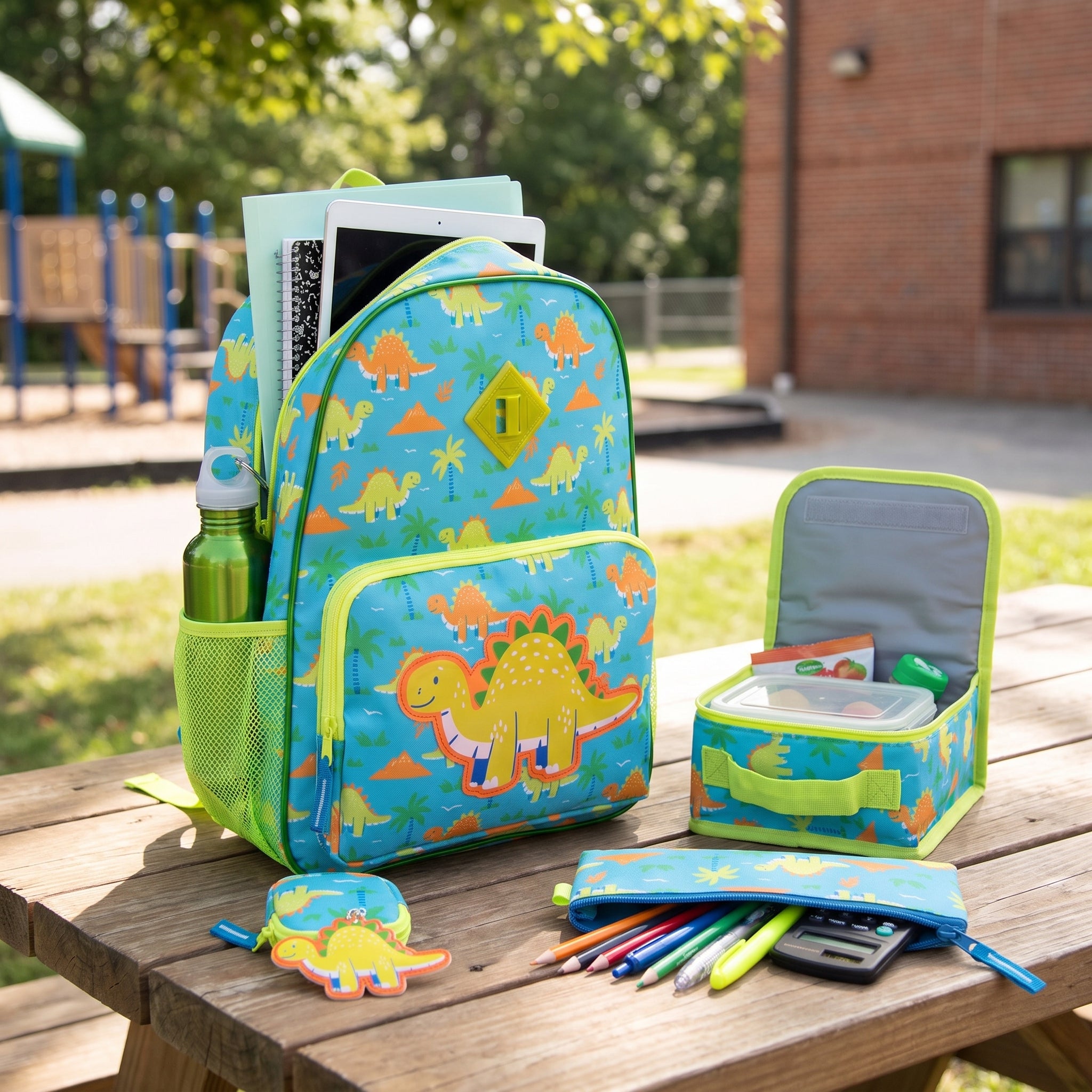 Lunch Bag Insulated Childrens Dinosaur Backpack Set Blue Green Trim - in-use