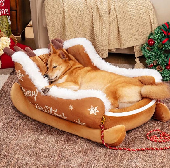 Christmas Sleigh Dog Bed With Plush Velvet And Non-Slip Bottom - Image 10