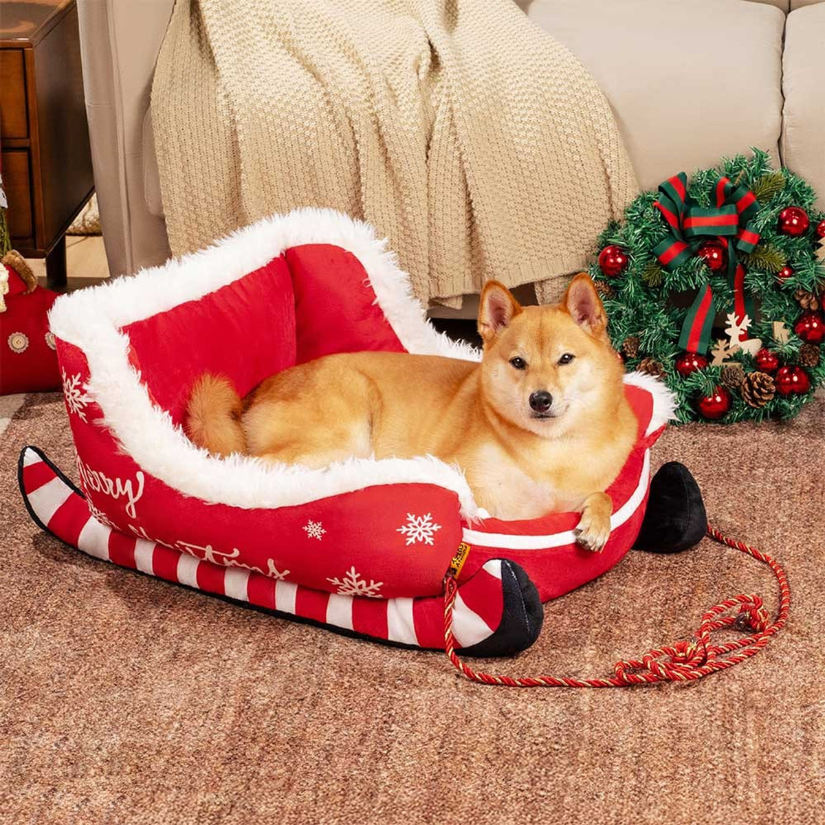 Christmas Sleigh Dog Bed With Plush Velvet And Non-Slip Bottom - Image 1