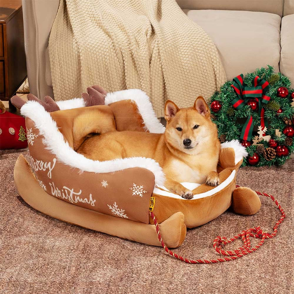 Christmas Sleigh Dog Bed With Plush Velvet And Non-Slip Bottom - Image 3