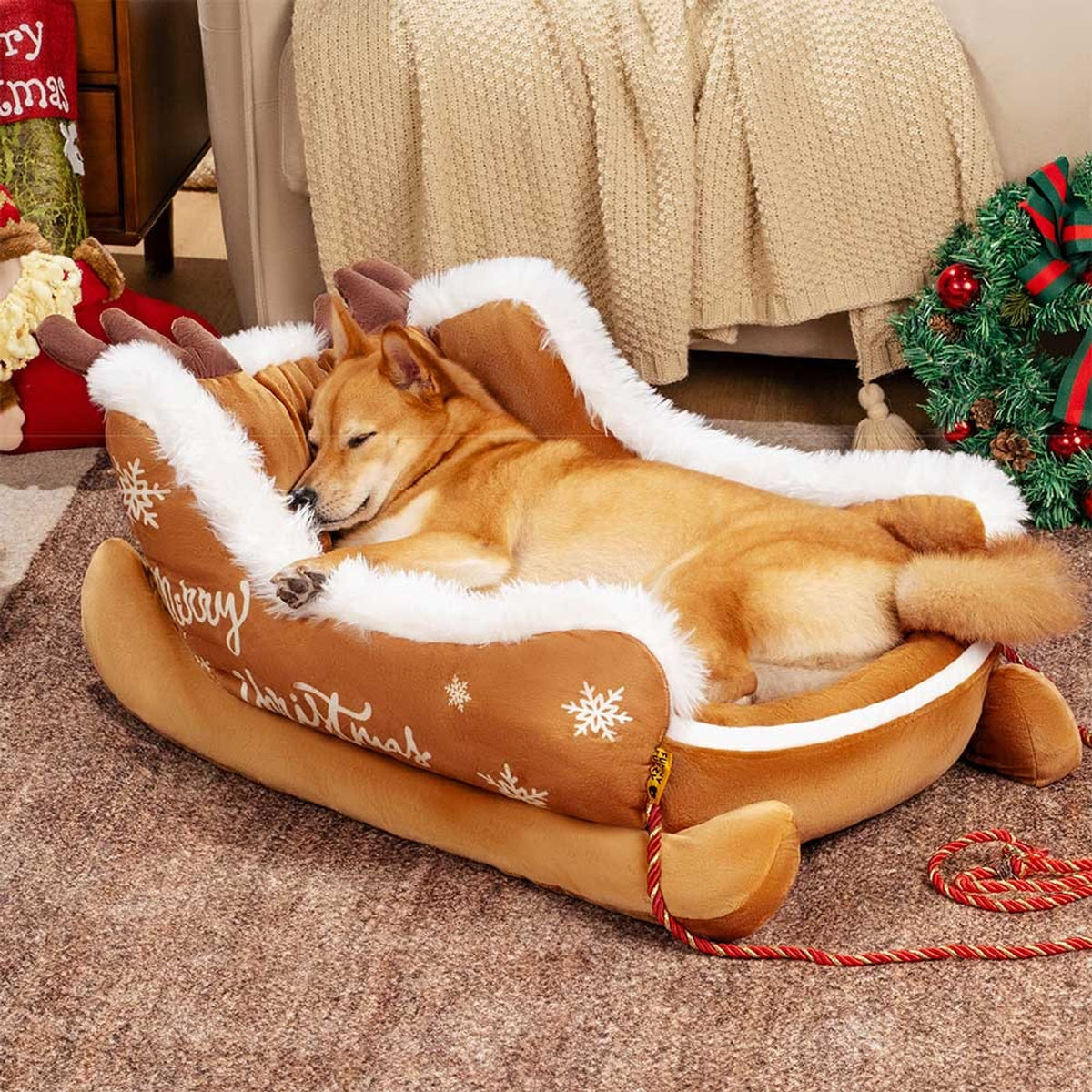 Christmas Sleigh Dog Bed With Plush Velvet And Non-Slip Bottom - Image 8