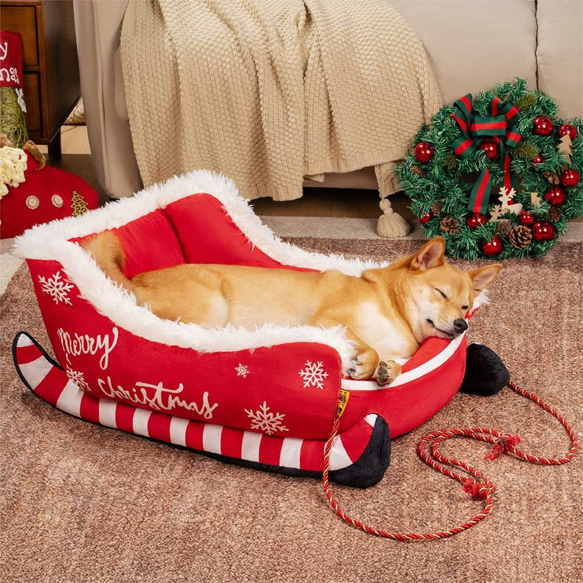Christmas Sleigh Dog Bed With Plush Velvet And Non-Slip Bottom - Image 6