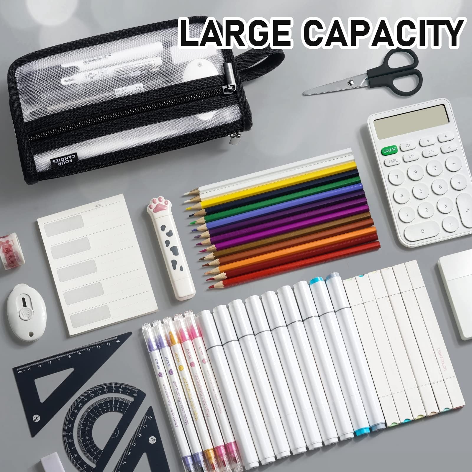 Clear Pencil Case Pouch Large Capacity Black Mesh Marker - Image 3