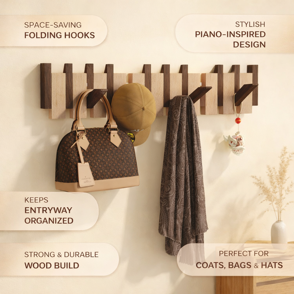 Coat Rack Wall Hooks Storage Rack Wooden Folding Wall Mounted - Image 5