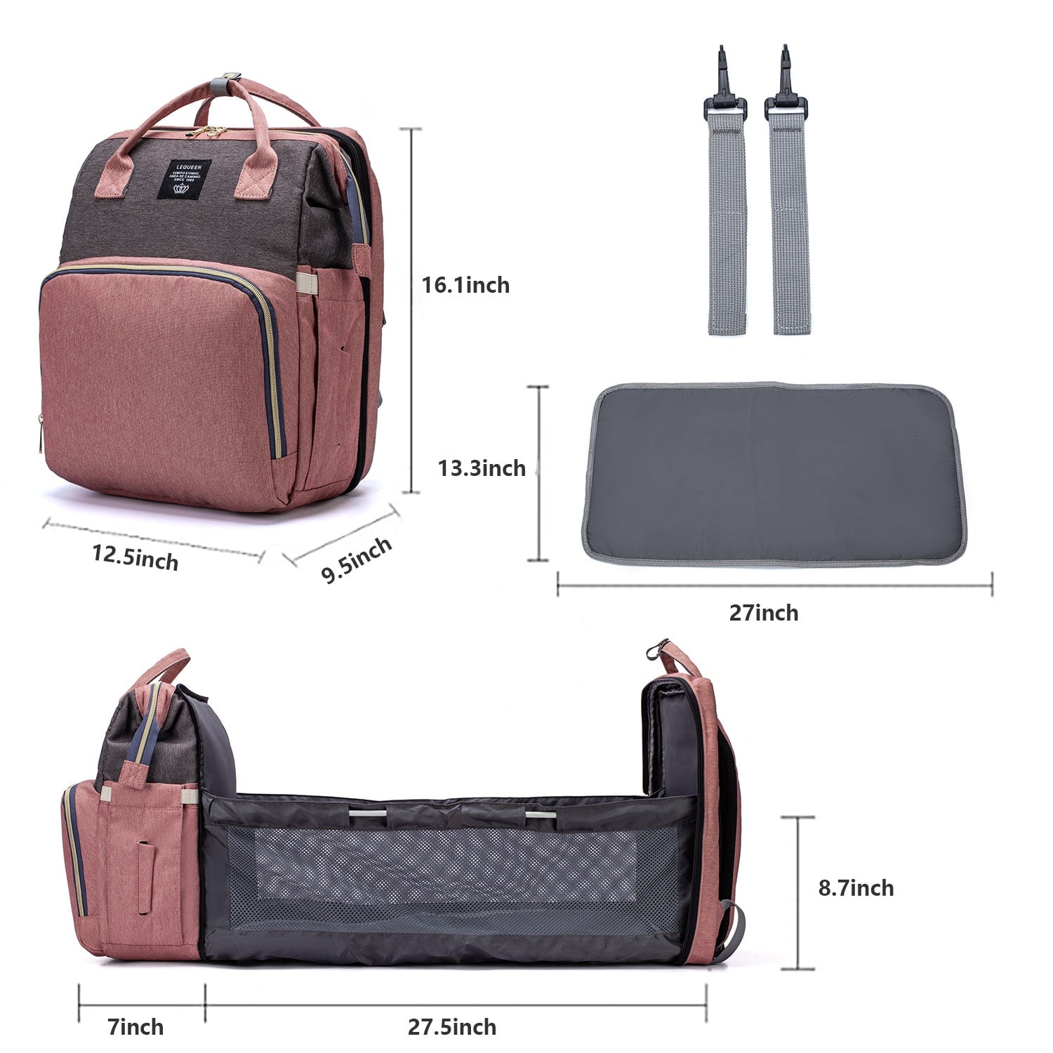 Convertible Diaper Bag Backpack Heathered Grey, Pink, Or Black - Image 9