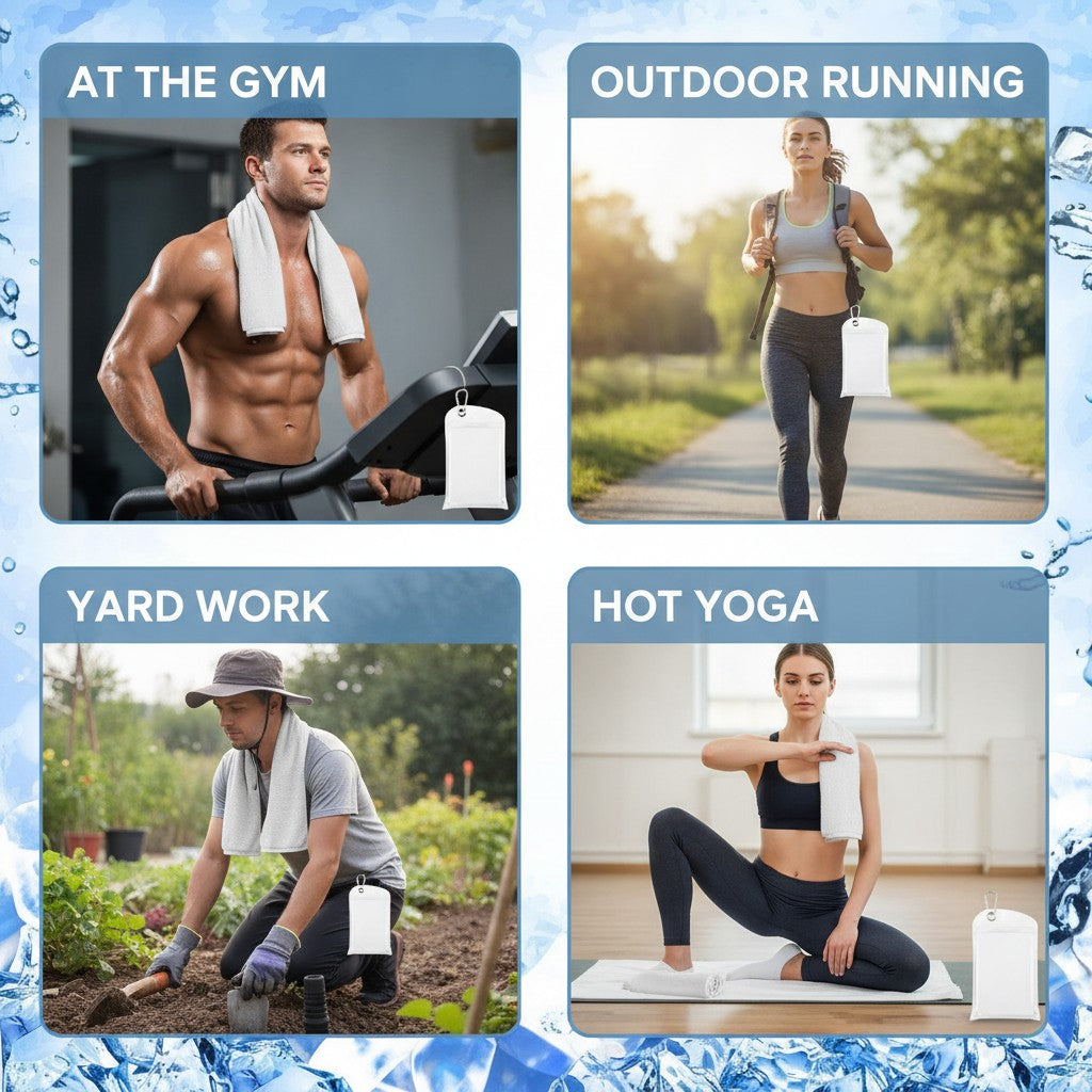 cooling towel set shown in multiple settings