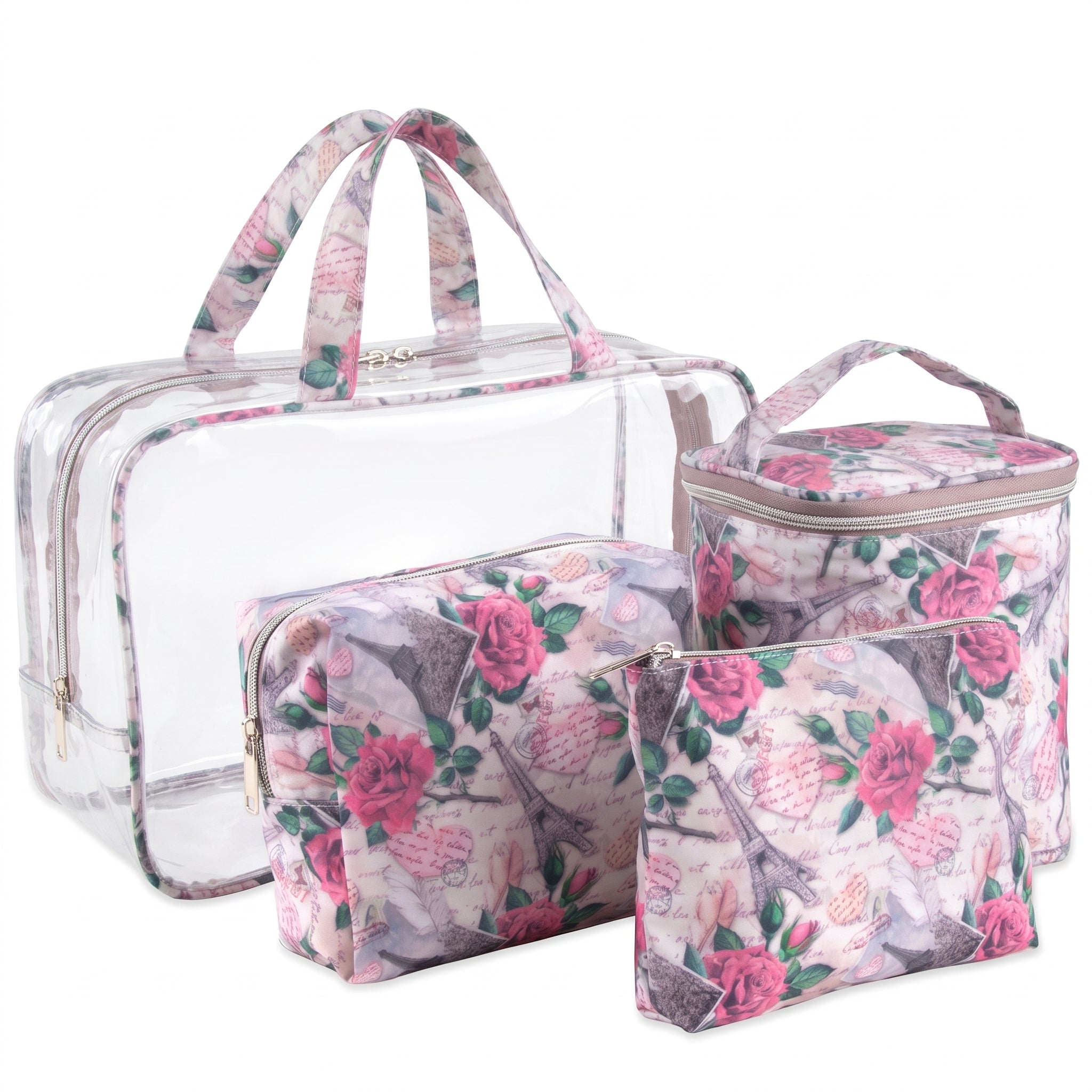 Women's Cosmetic Travel Bag Set Pink Floral Paris Theme - angle