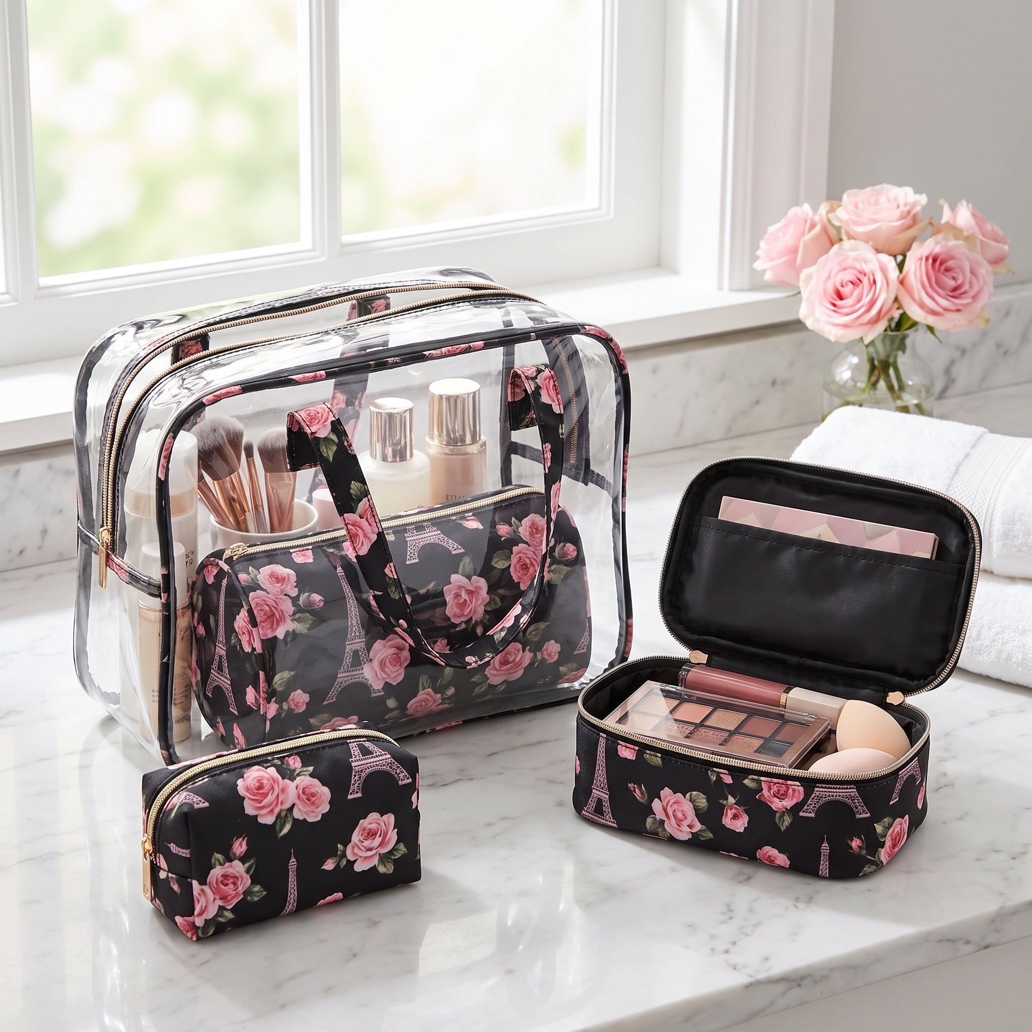 Travel Bag Makeup Cosmetic Set Clear Black Floral 4 Piece - Image 4