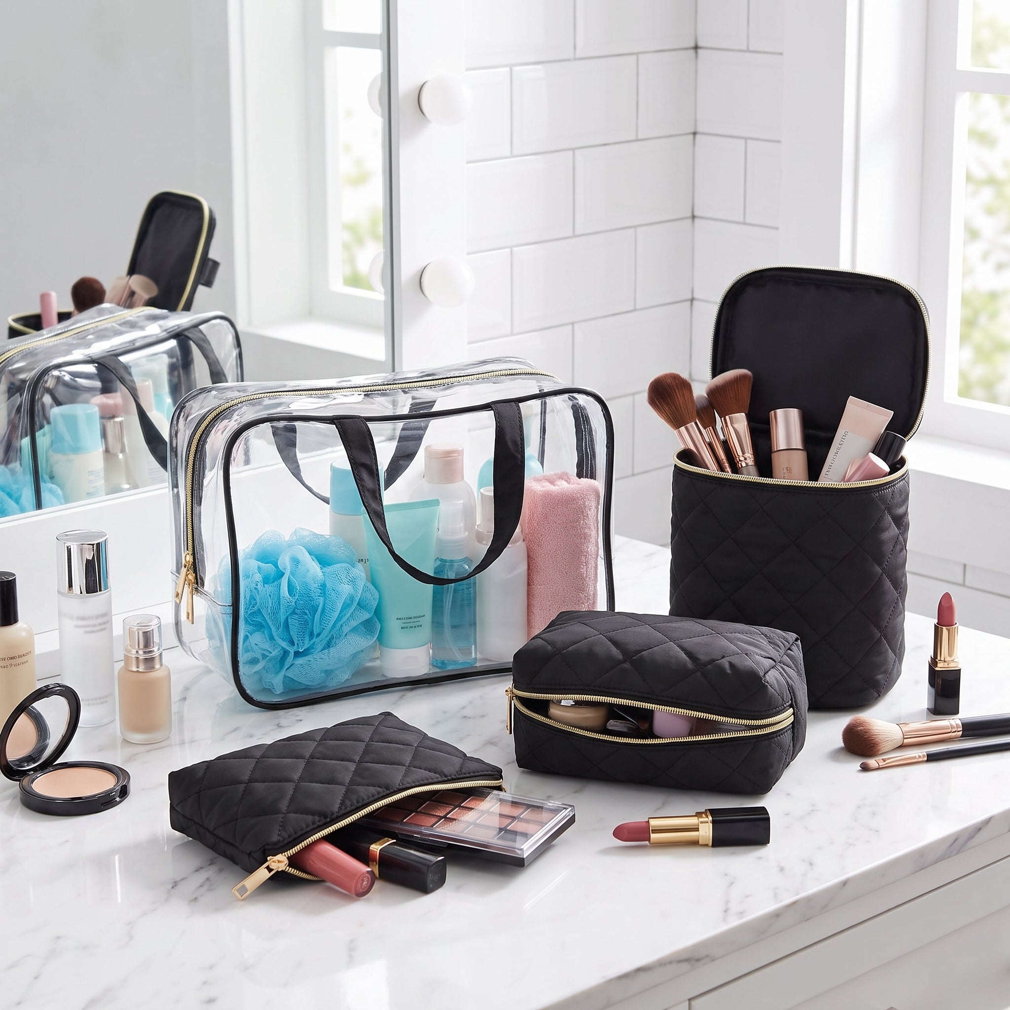 Travel Bag Cosmetic Organizer Clear Black Quilted Makeup Case Set - hero