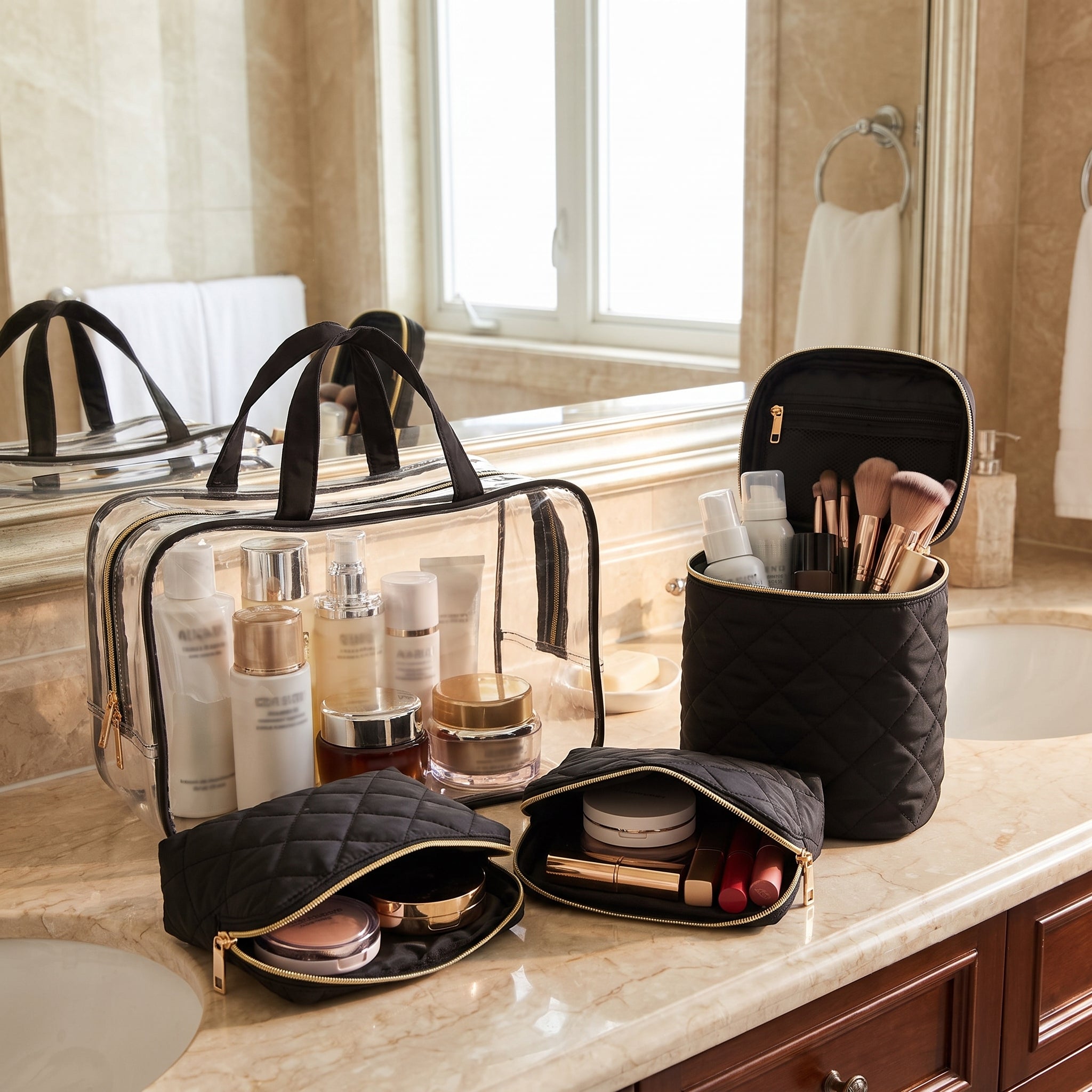 Travel Bag Cosmetic Organizer Clear Black Quilted Makeup Case Set - in-use