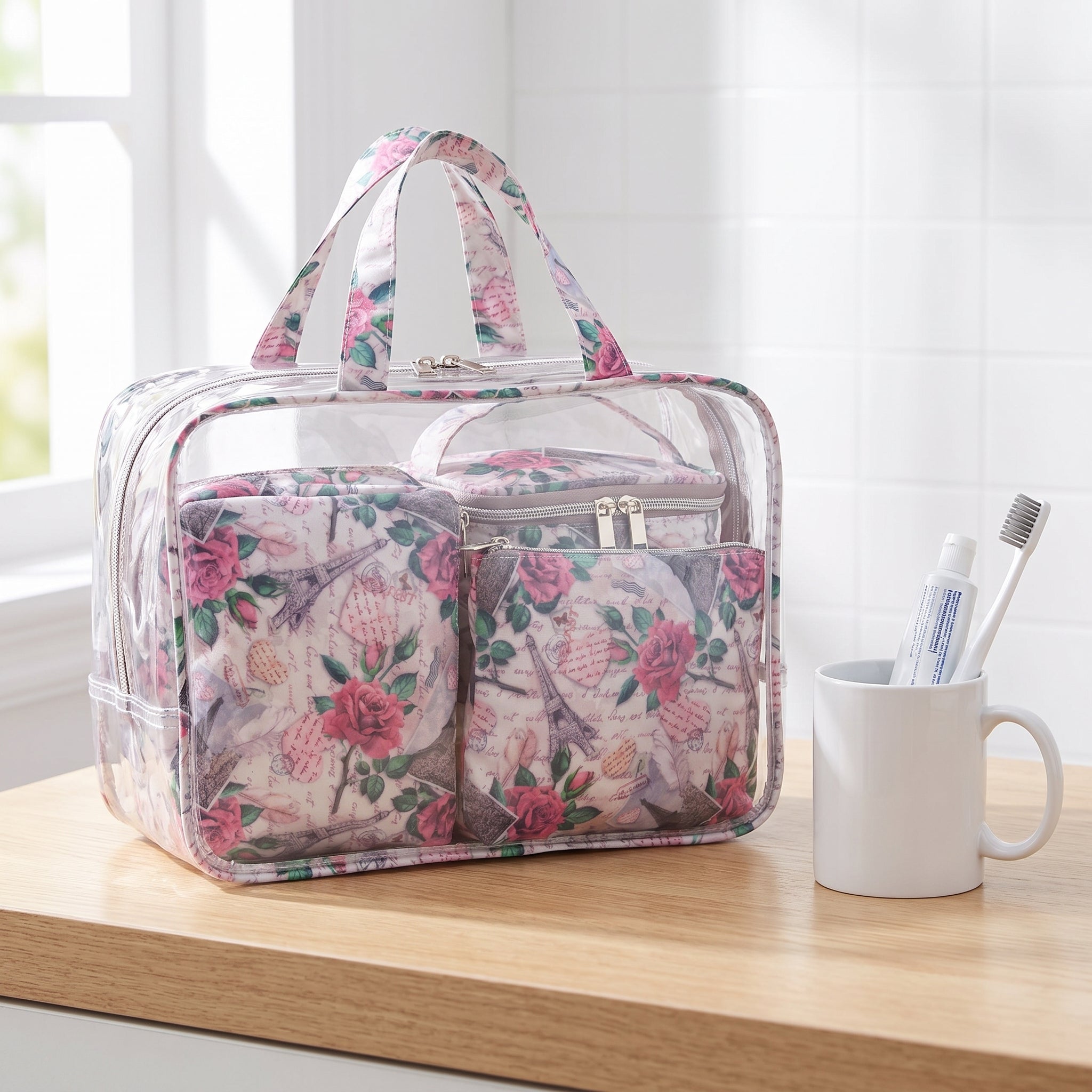 Women's Cosmetic Travel Bag Set Pink Floral Paris Theme - scale