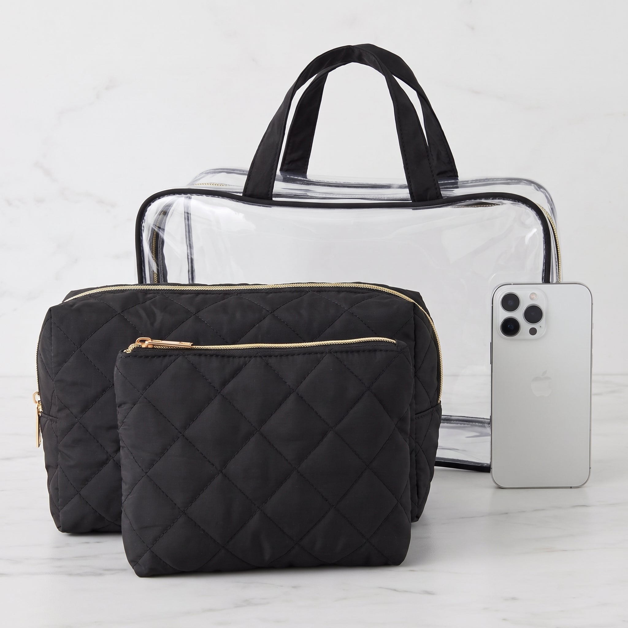 Travel Bag Cosmetic Organizer Clear Black Quilted Makeup Case Set - scale
