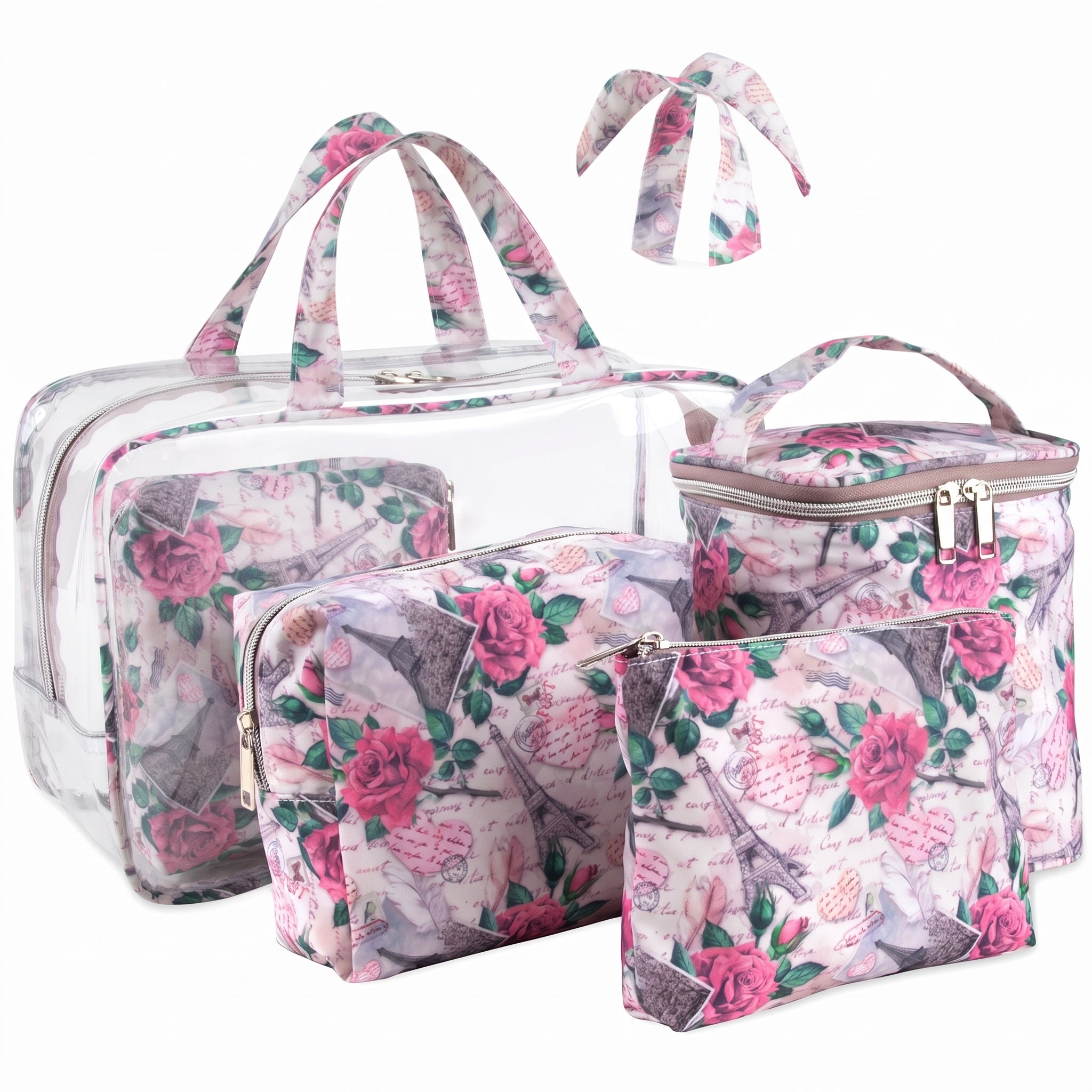 Women's Cosmetic Travel Bag Set Pink Floral Paris Theme - studio