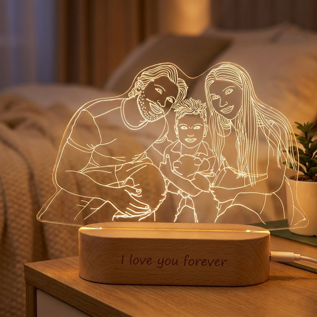 Custom Photo Outline LED Lamp Personalized Wooden Base Warm Light - Image 1