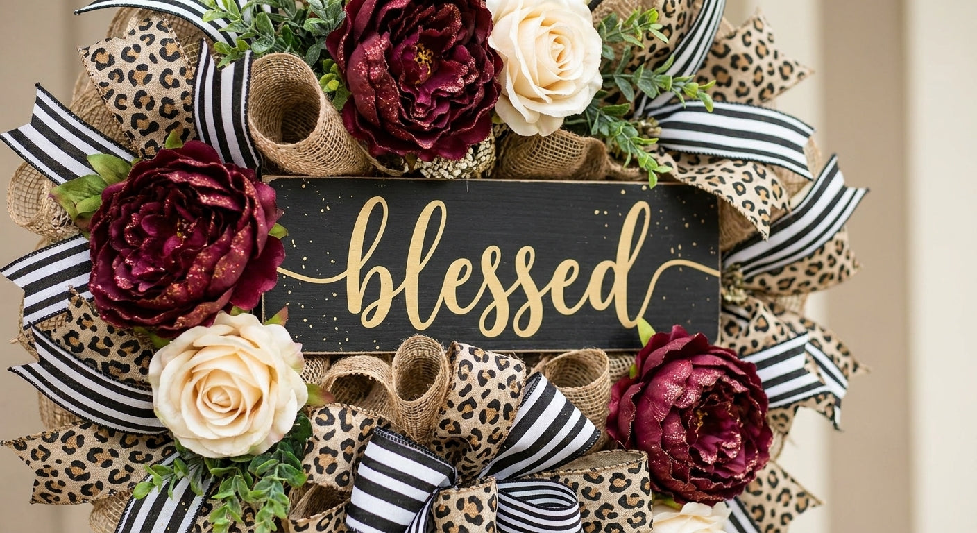 Fall Decor Fall Wreath Front Door Wreath Blessed Sign Cheetah Print - detail