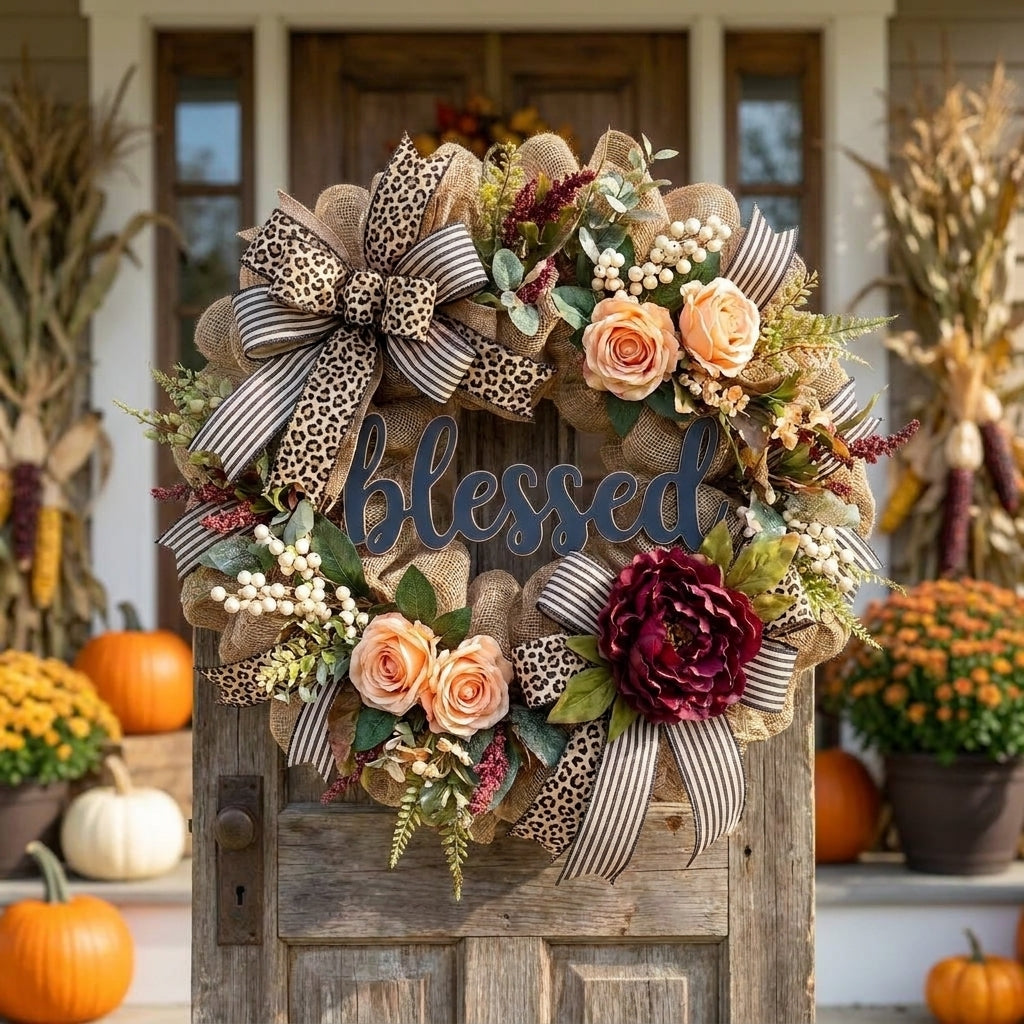 Fall Decor Fall Wreath Front Door Wreath Blessed Sign Cheetah Print - hero