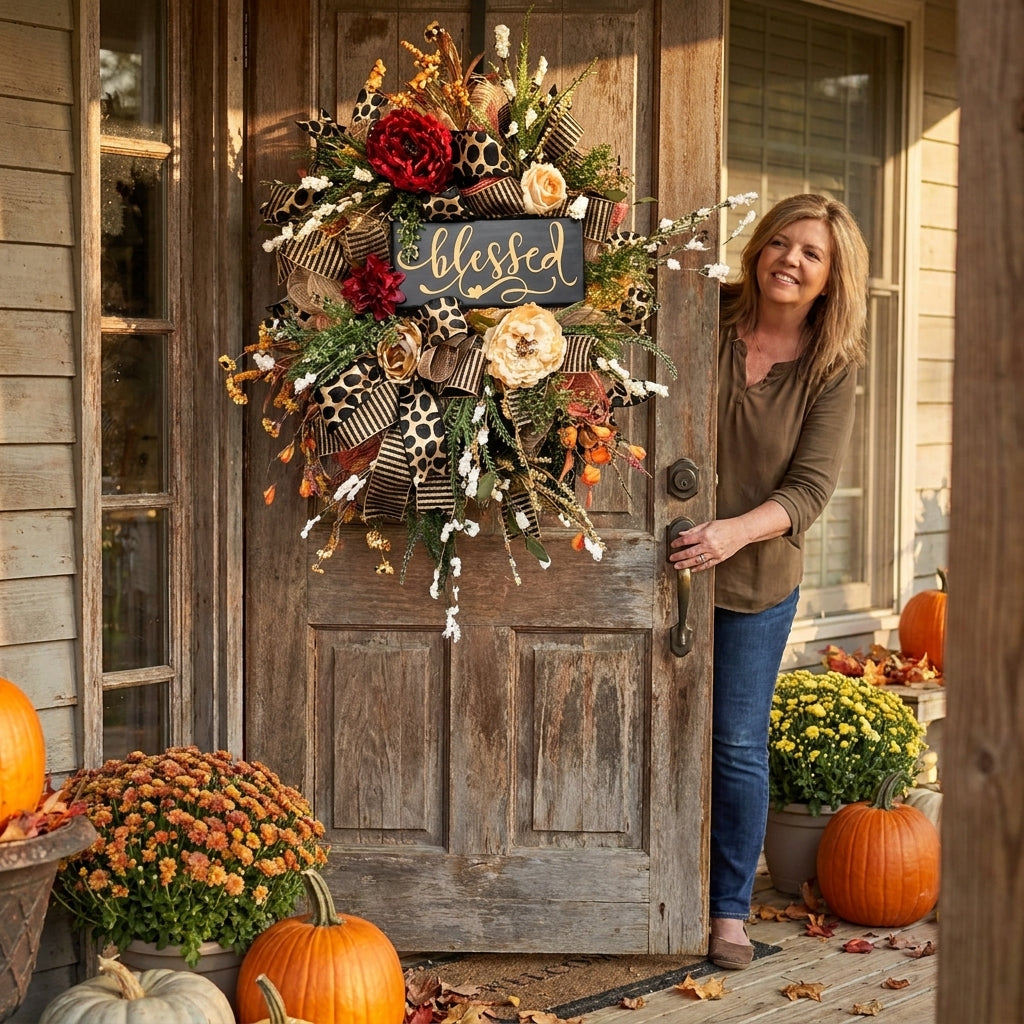 Fall Decor Fall Wreath Front Door Wreath Blessed Sign Cheetah Print - in-use
