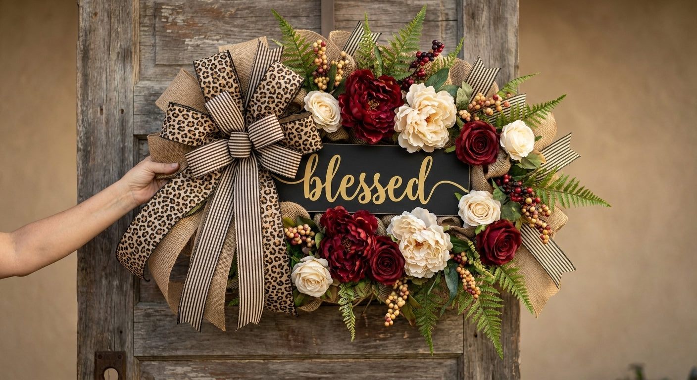 Fall Decor Fall Wreath Front Door Wreath Blessed Sign Cheetah Print - scale
