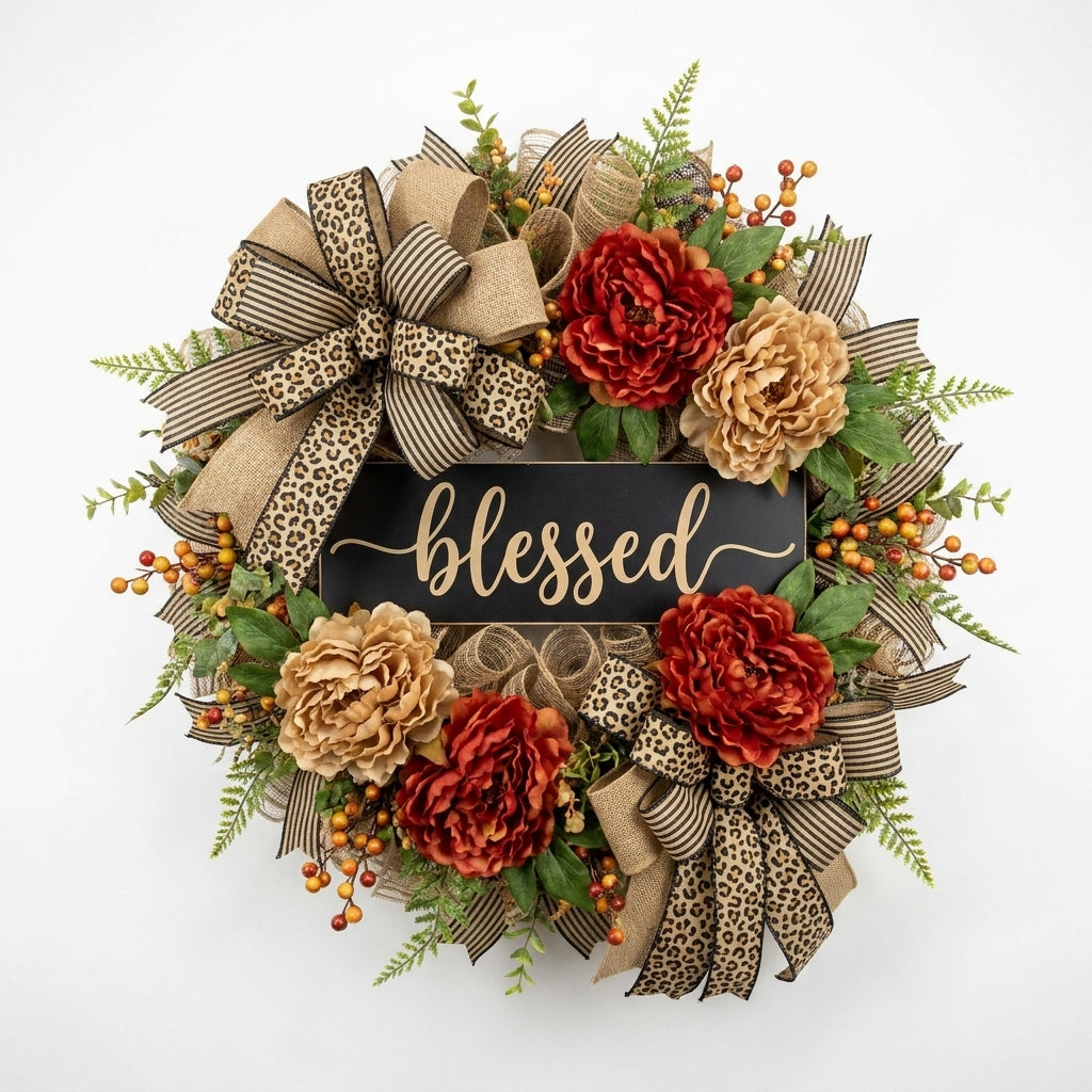 Fall Decor Fall Wreath Front Door Wreath Blessed Sign Cheetah Print - studio
