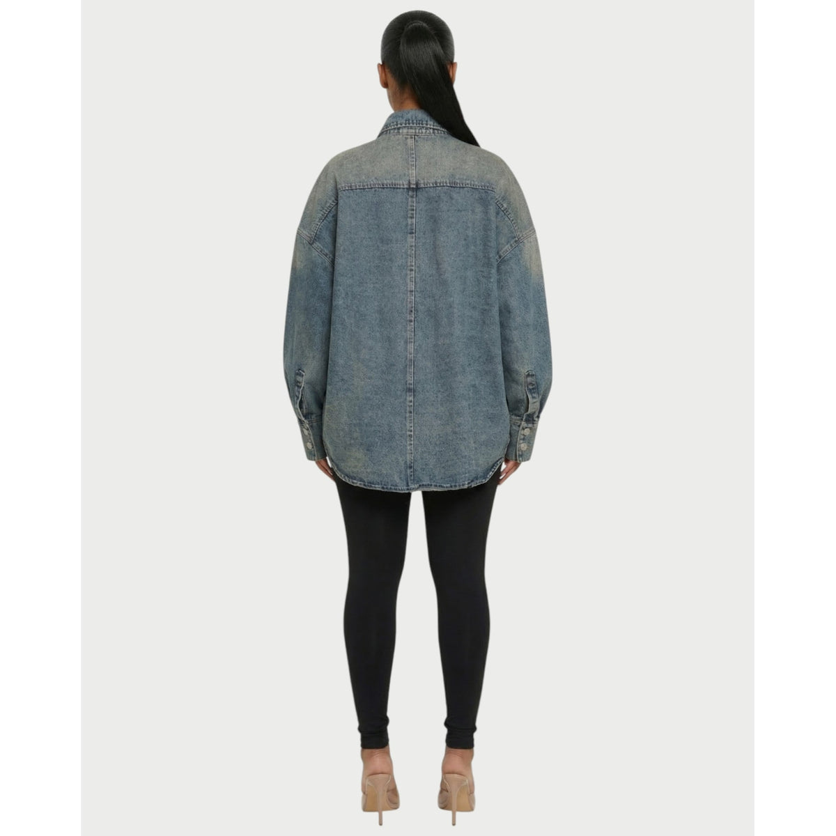 Denim Shirt Jacket with Relaxed Oversized Fit and Washed Finish - Image 2