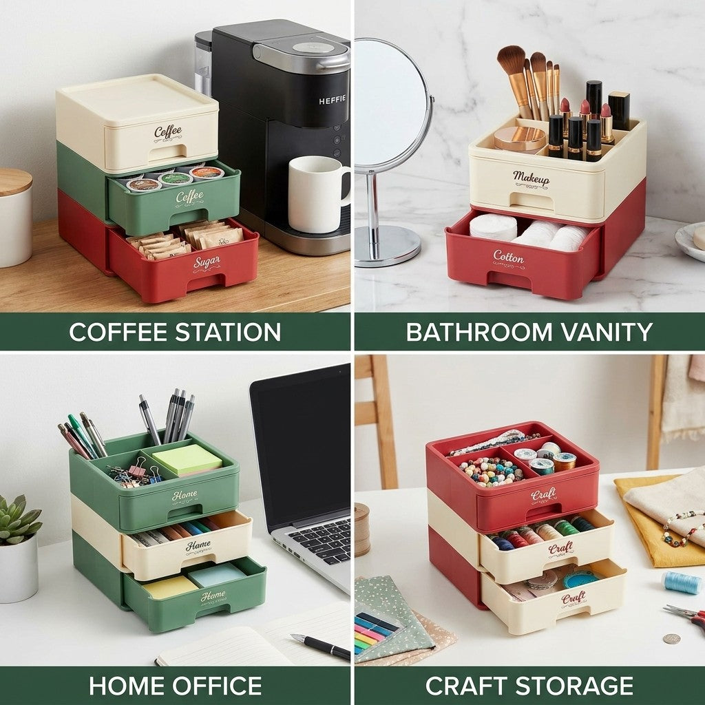 desktop drawer organizer shown in multiple settings