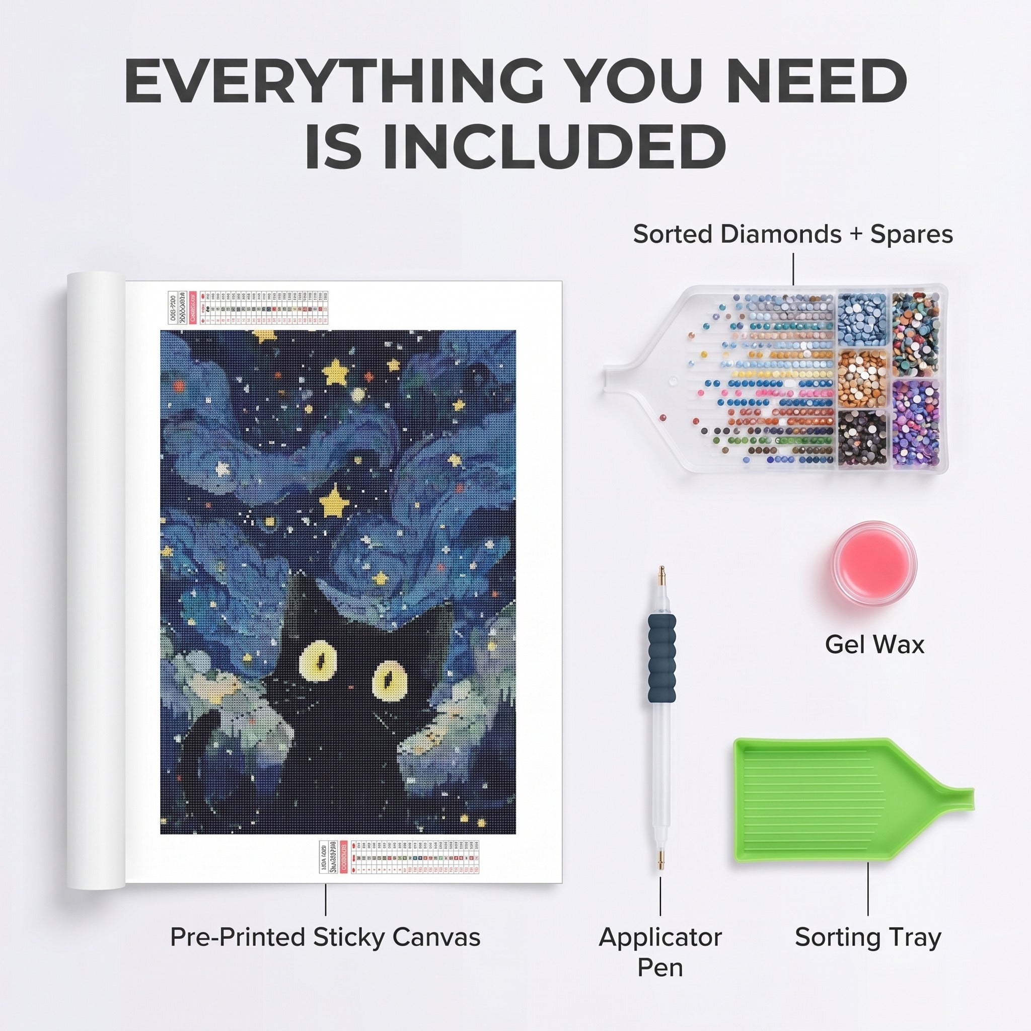 Diamond painting kit contents - canvas, diamonds, pen, wax, sorting tray