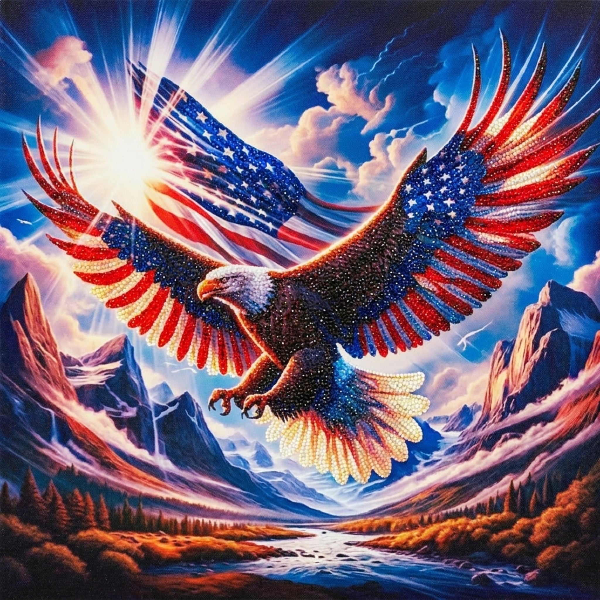 Patriotic bald eagle with American flag wings diamond painting design